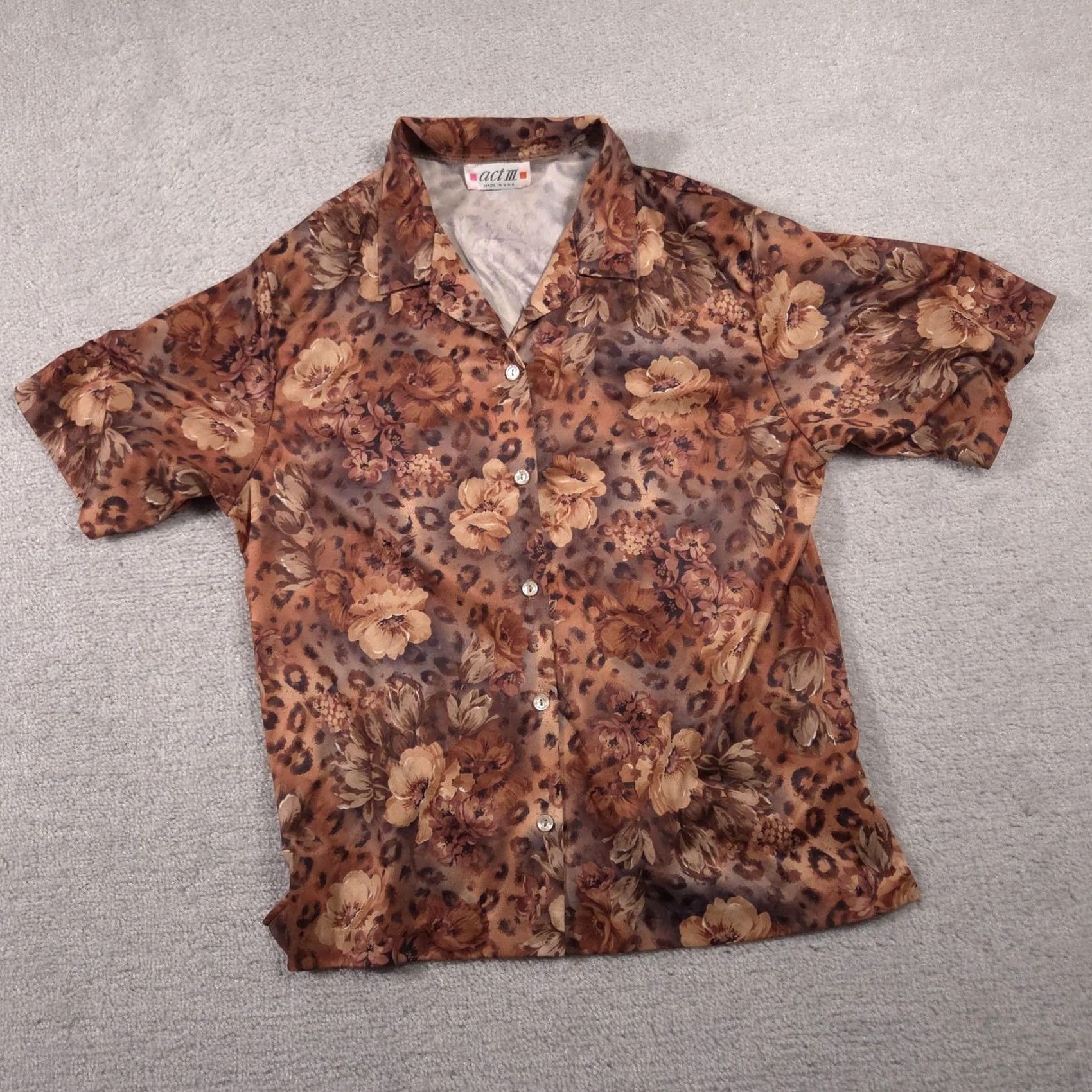 Vintage VINTAGE Act III Shirt Womens Large Brown Floral Animal Print Short Sleeve USA 90s Size L / US 10 / IT 46 - 2 Thumbnail