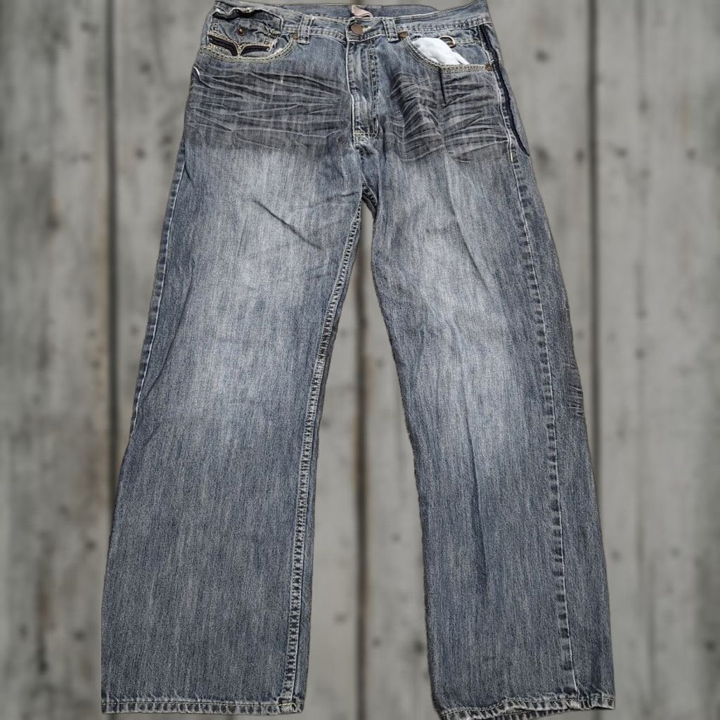 Jordan Craig Jordan Craig Jeans Blue Distressed Embroidered Wide-Leg 34x30 Denim Men Baggy Geometric 5-Pocket Casual Regular Stretchable Vintage? No Size US 34 / EU 50 - 1 Thumbnail