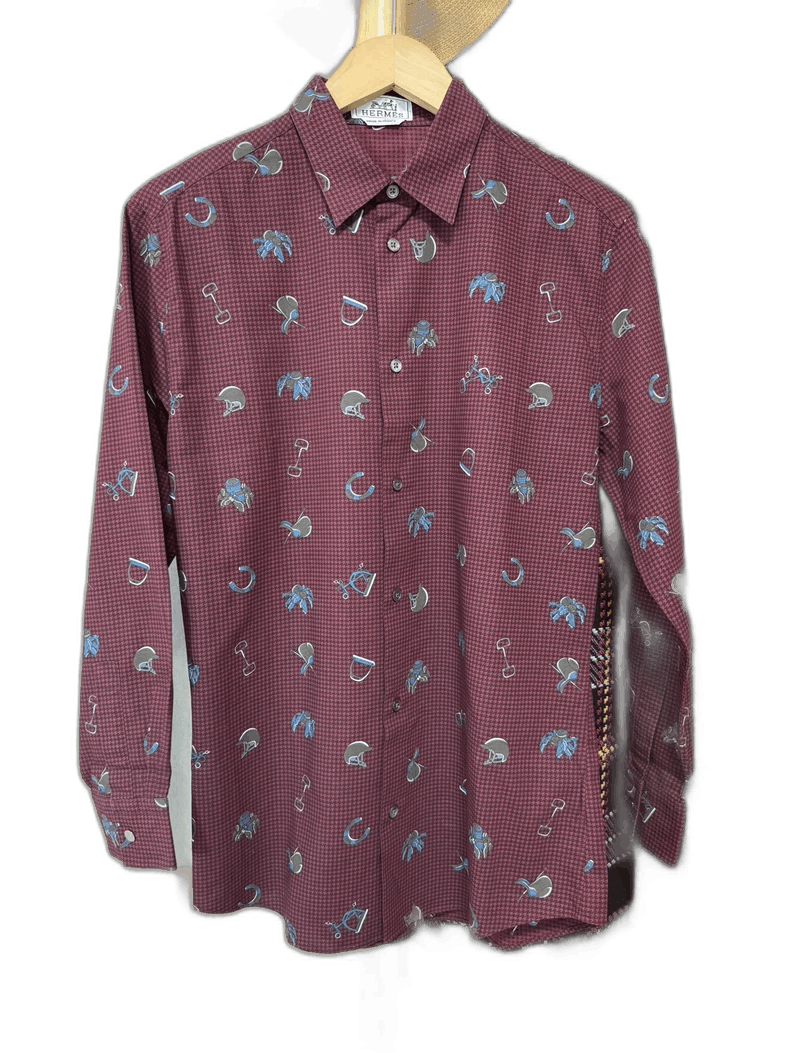 Hermes Hermes Burgundy Patterned Long Sleeve Shirt Size US M / EU 48-50 / 2 - 1 Thumbnail