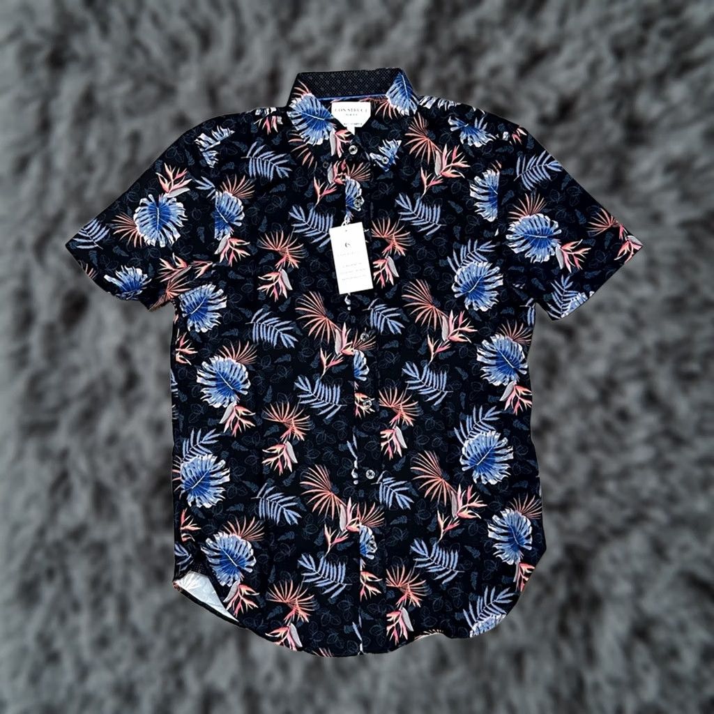 Vintage Con.Struct Shirt Slim Fit 4 Way Stretch Palm Print Short Sleeve Button Down S Men Blue Size US S / EU 44-46 / 1 - 1 Thumbnail
