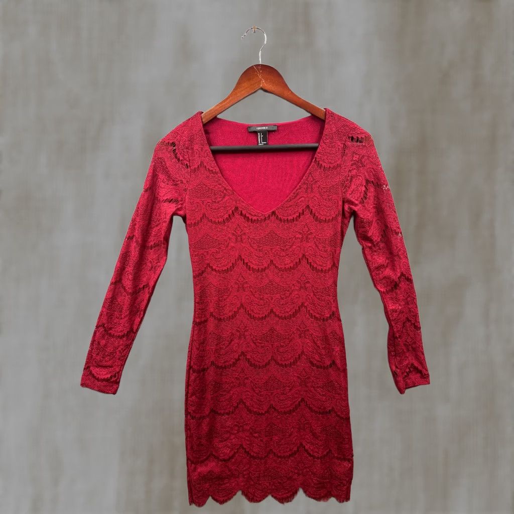 Forever 21 Forever 21 Red Lace Long Sleeve V-Neck Scalloped Bodycon Mini Dress Womens Small Size S / US 4 / IT 40 - 1 Thumbnail