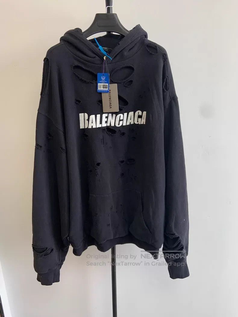 Balenciaga Balenciaga Black Ripped Hooded Sweatshirt Size US S / EU 44-46 / 1 - 1 Thumbnail
