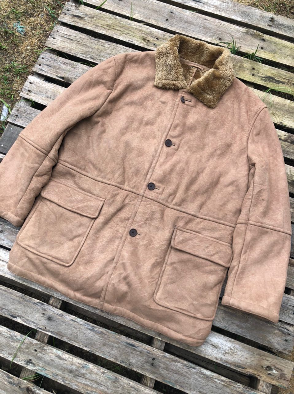 Japanese Brand × Vintage Vintage British Khaki NY Faux Fur Leather Jacket Size US L / EU 52-54 / 3 - 4 Thumbnail