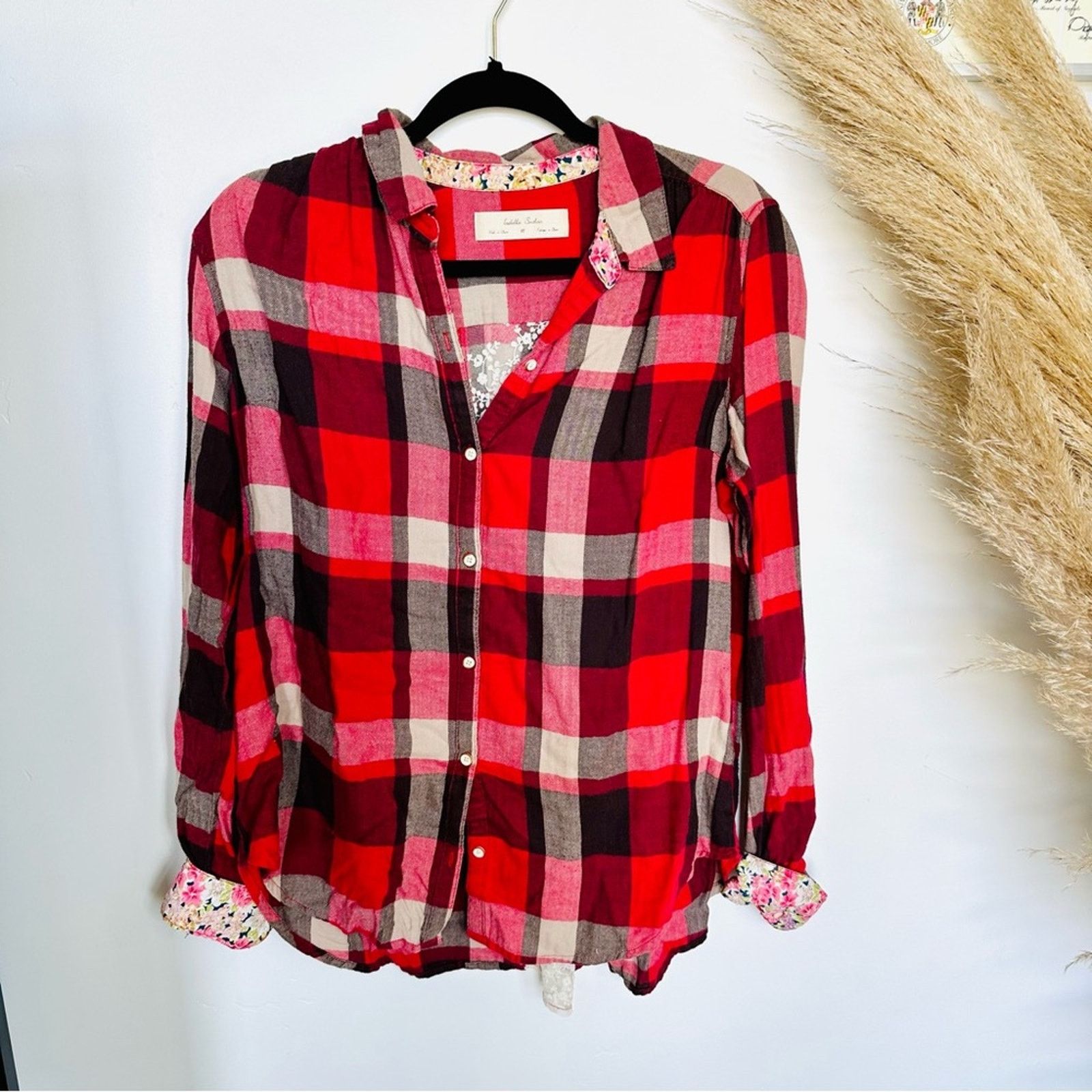 Anthropologie ANTHROPOLOGIE Red Black Plaid Lace Button Shirt Blouse Top Size M / US 6-8 / IT 42-44 - 8 Thumbnail