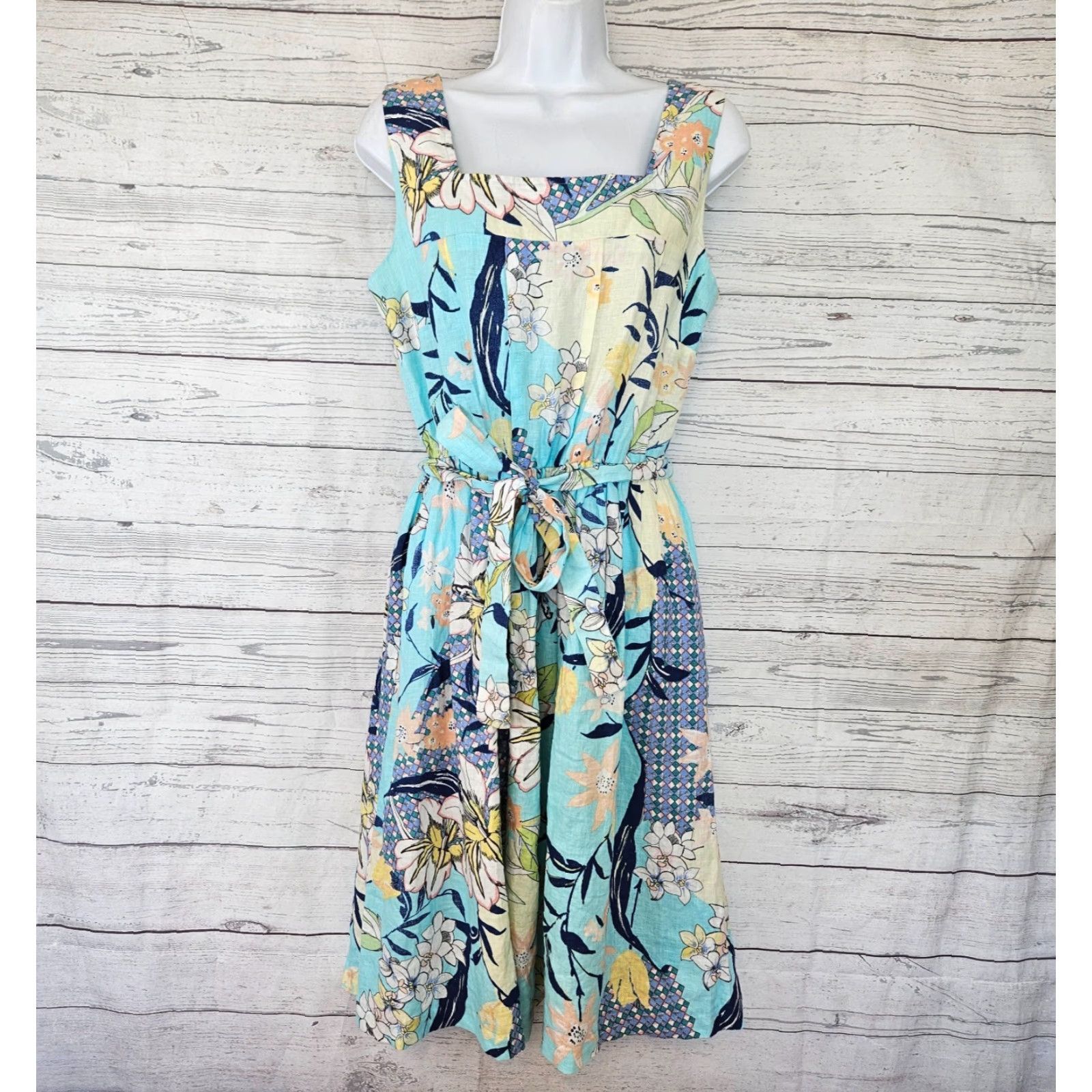 Vintage Malvin I Love Linen Womens Dress L Blue Yellow Floral Belted Side Zip Knee Length A-Line Dress Womens Size L / US 10 / IT 46 - 2 Thumbnail