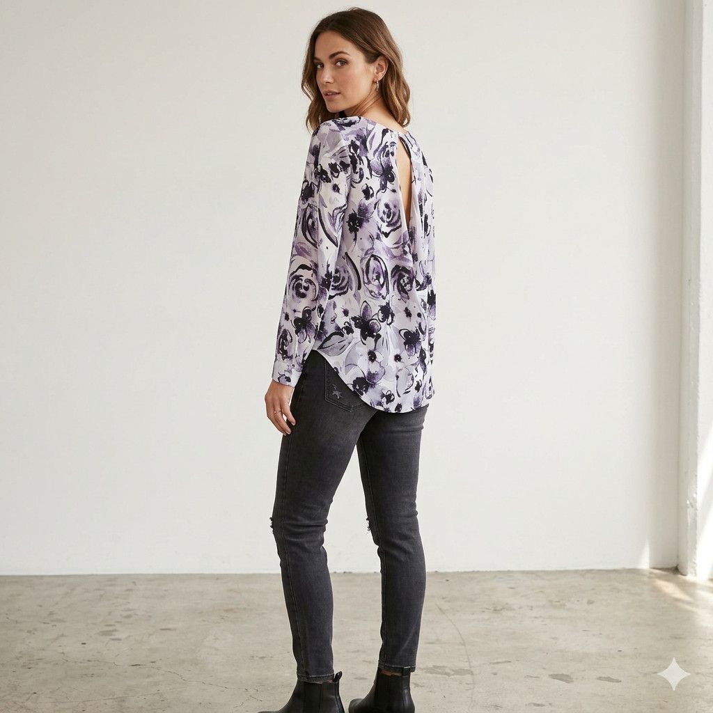 Other Rose & Olive Size L Blouse Grey Purple Floral Chiffon Long Size L / US 10 / IT 46 - 3 Thumbnail