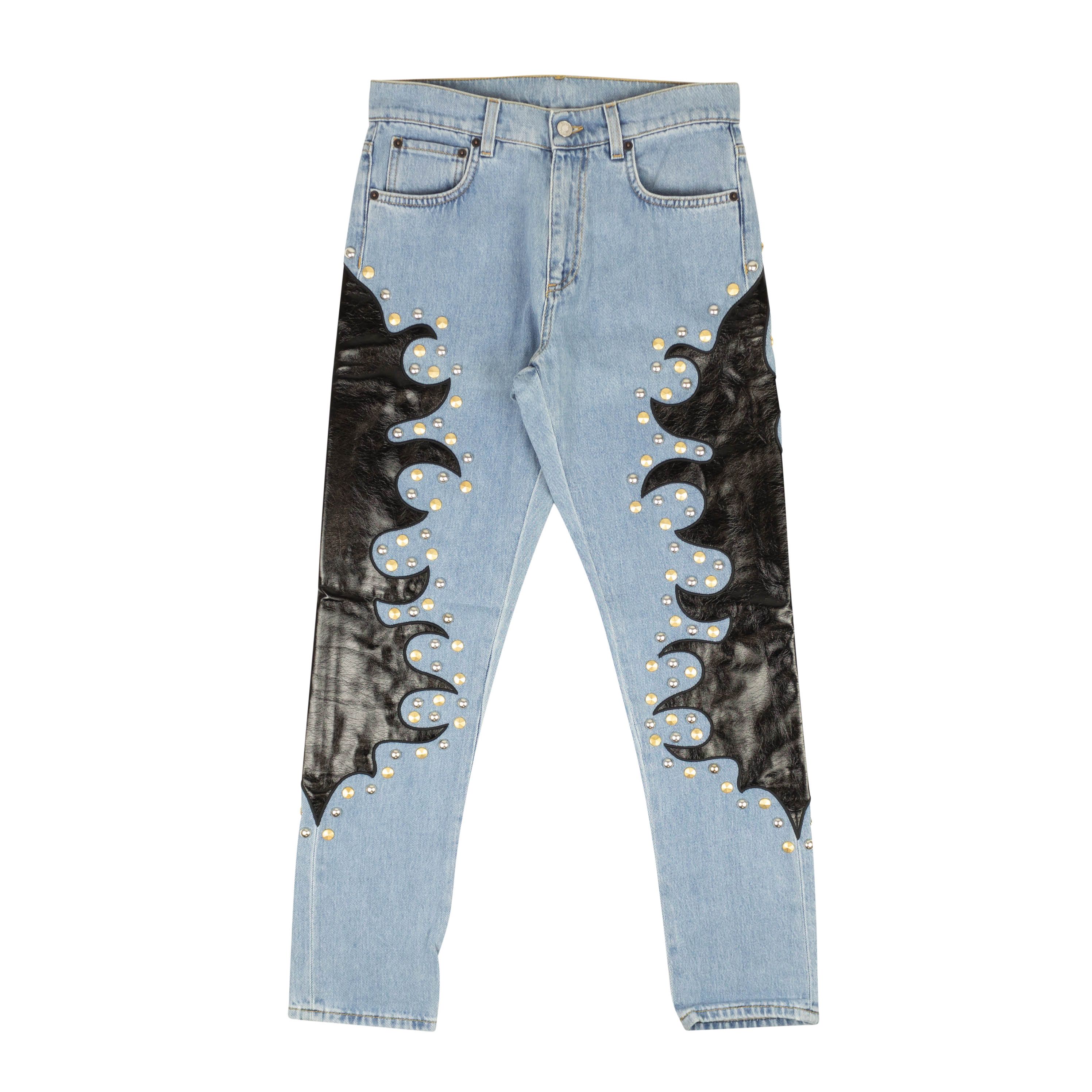 image of Moschino Couture Blue Leather Flame Detail Jeans Size 8/44, Women's