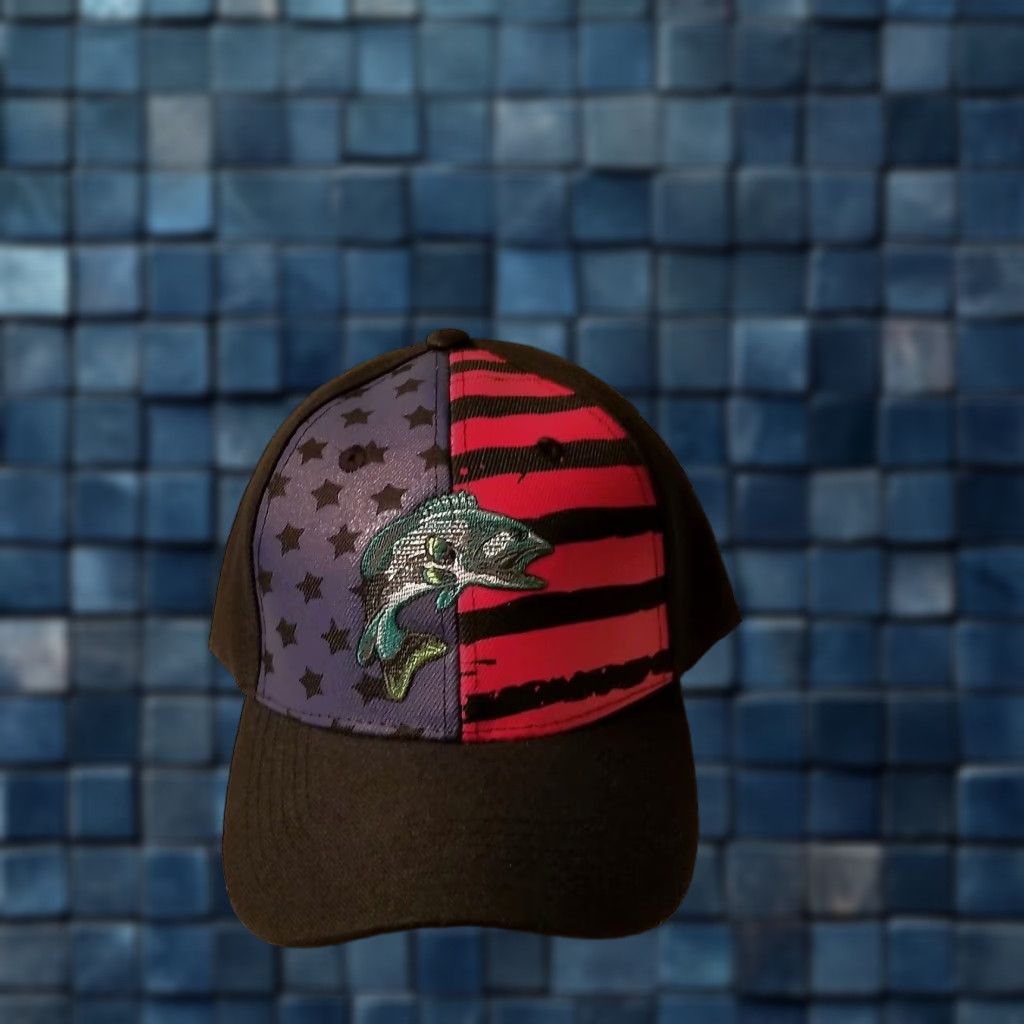 Vintage VINTAGE American Flag Fish Baseball Cap Men Adjustable Black Fishery Outdoor Size ONE SIZE - 1 Thumbnail