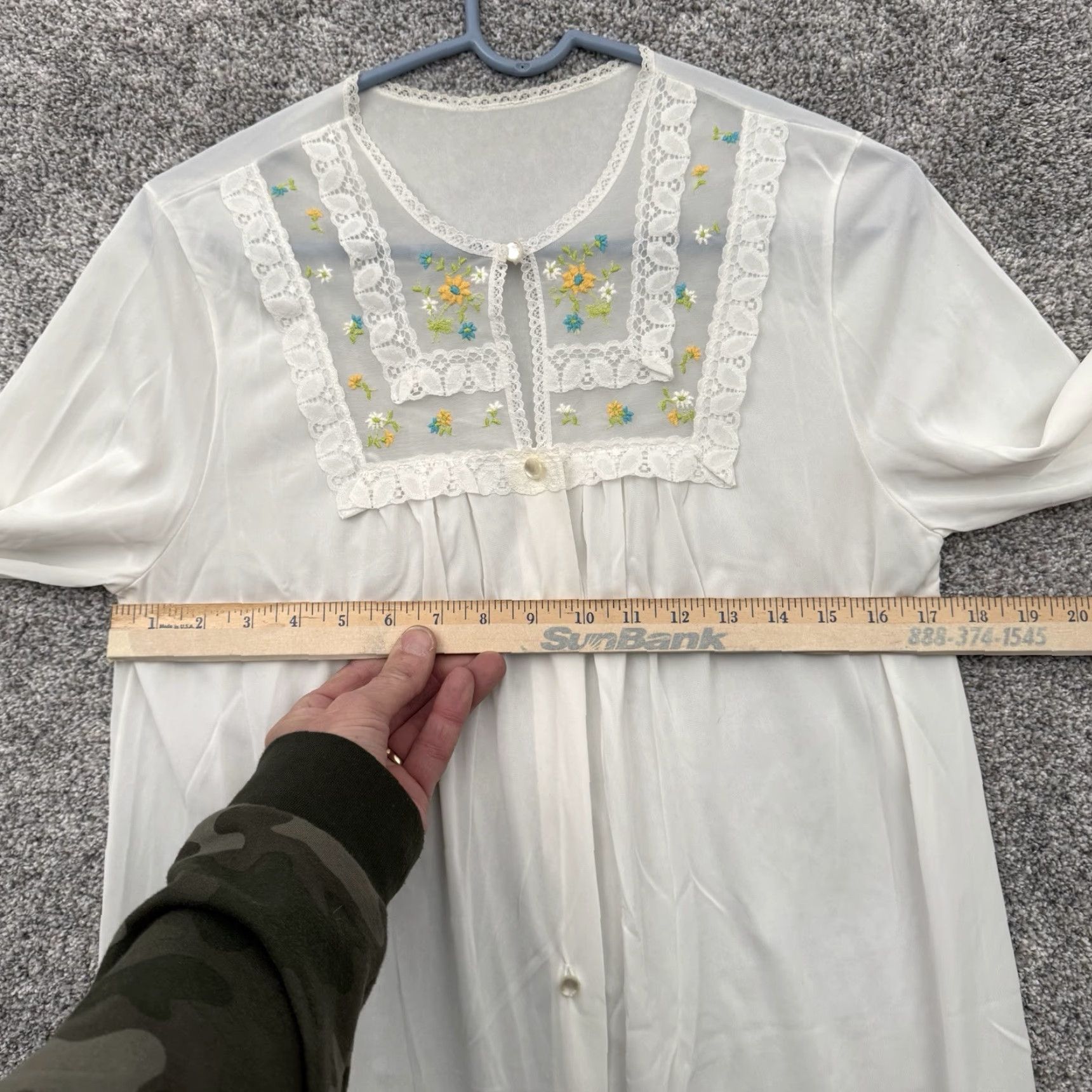 JCPenney VINTAGE 70s Nightgown Gown Medium White Nylon Lace Embroidery Cottagecore Romantic Long Sleeve Button Round Neck Women M Size ONE SIZE - 3 Thumbnail