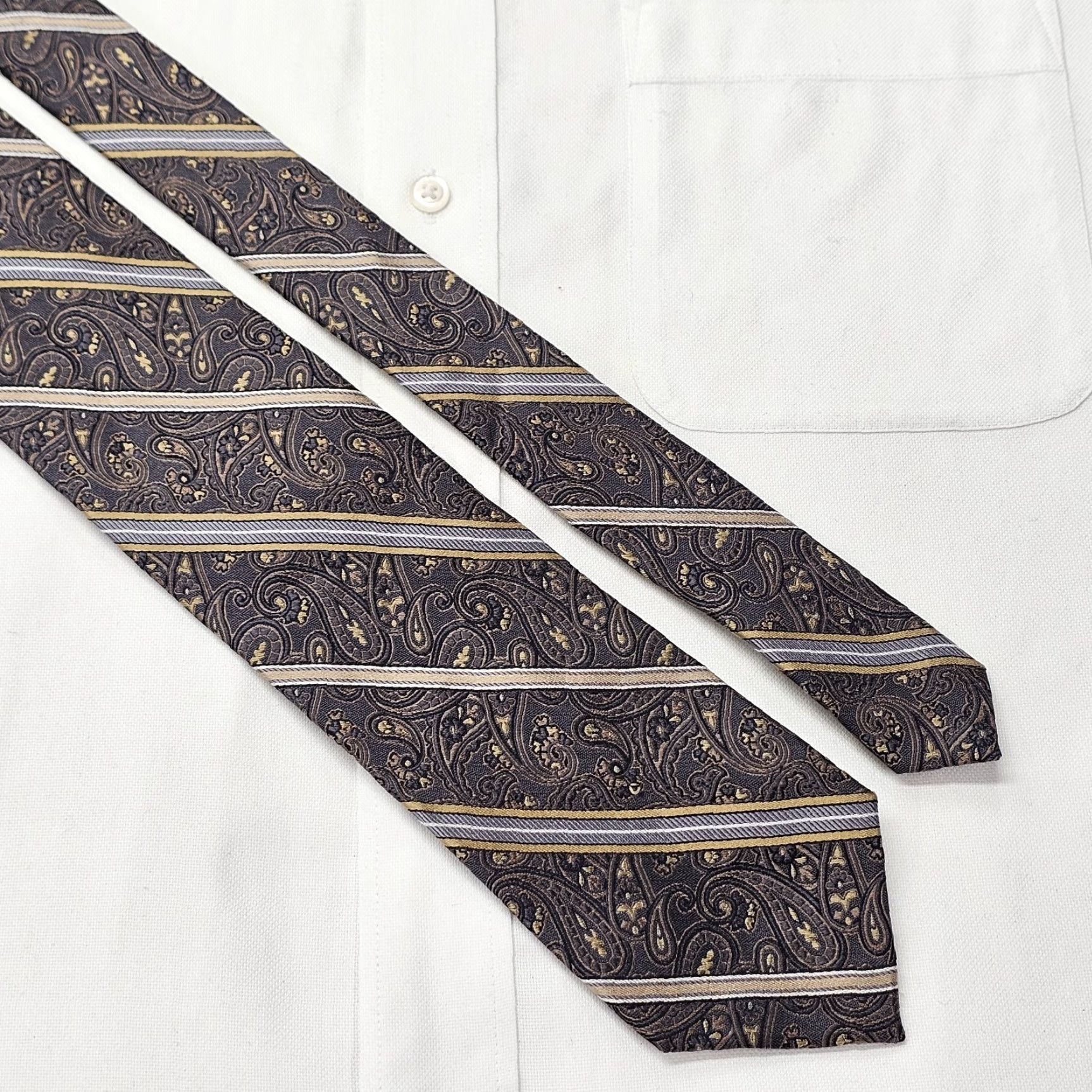 Pronto Uomo VTG Pronto Uomo Necktie Mens Gray Silver Paisley 100% Silk Tie 58 1/4 X 3 1/4" Classic Wedding Preppy Retro 60s 70s Mens Size ONE SIZE - 4 Thumbnail