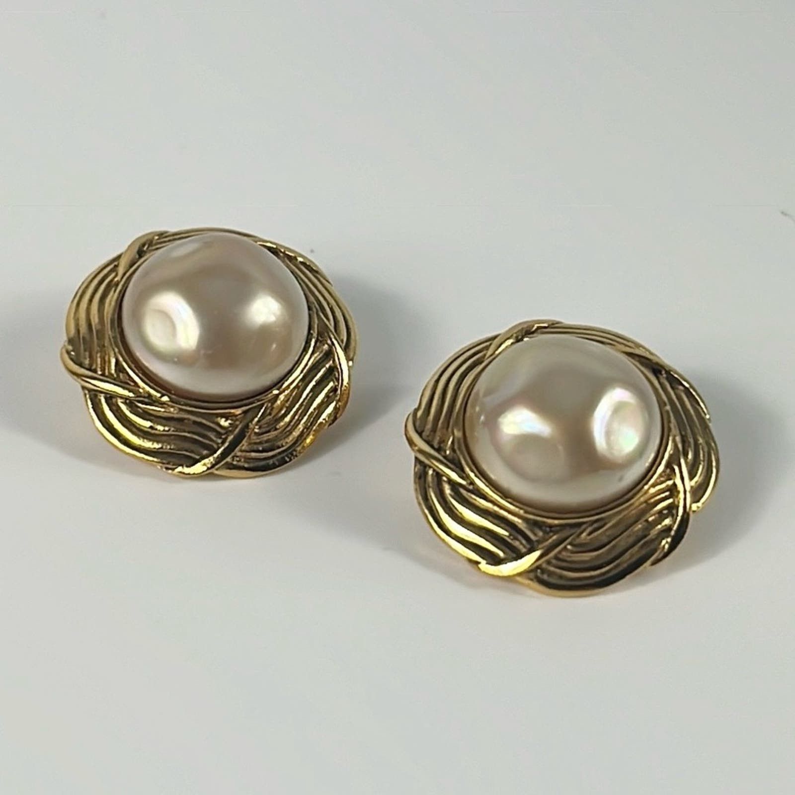 image of Chanel Vintage Pearl Clip Earrings Gold Tone Beige Pearl, Women's
