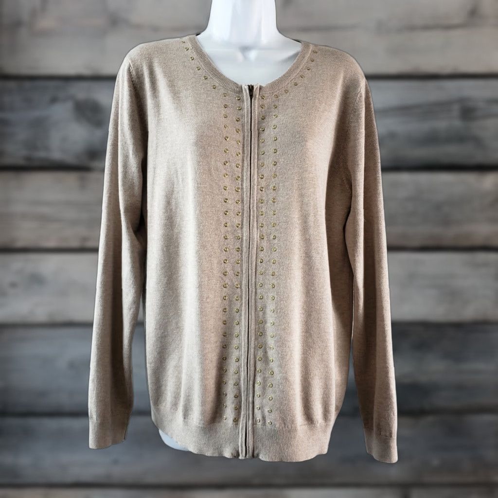 Vintage Sahalie Women's Sweater L Tan Embellished Full Zip Viscose Blend Knit Round Neck Long Sleeve Size L / US 10 / IT 46 - 1 Thumbnail