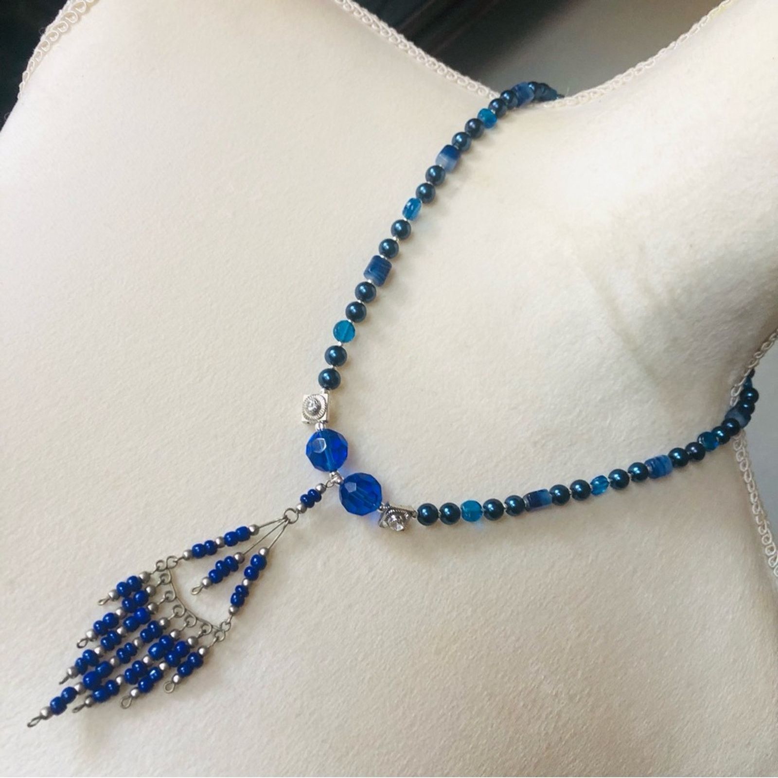 Handmade Handcrafted repurpose royal blue seed bead Pearl necklace Size ONE SIZE - 1 Thumbnail