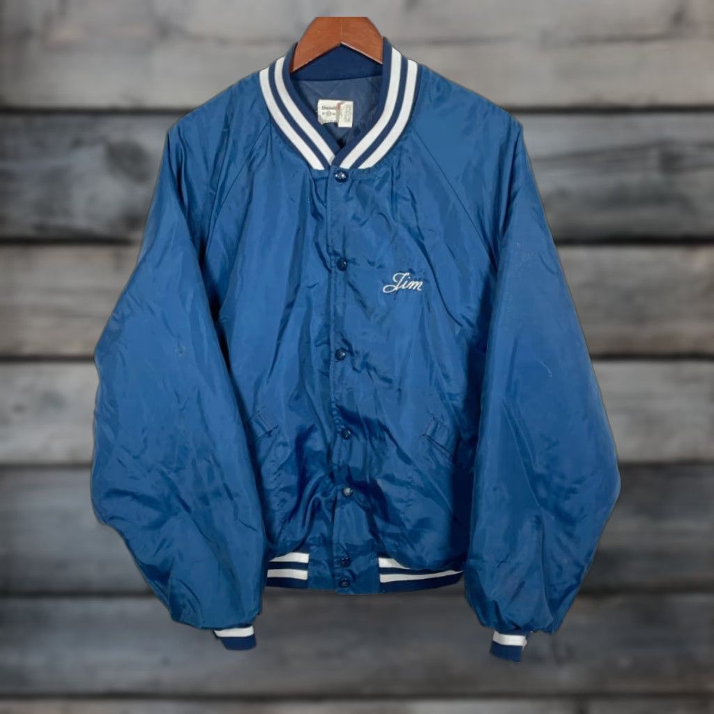 Vintage 80s King Louie Satin Bomber Jacket Adult XL Dark Blue Chainstitch Name Jim Size US XL / EU 56 / 4 - 1 Thumbnail