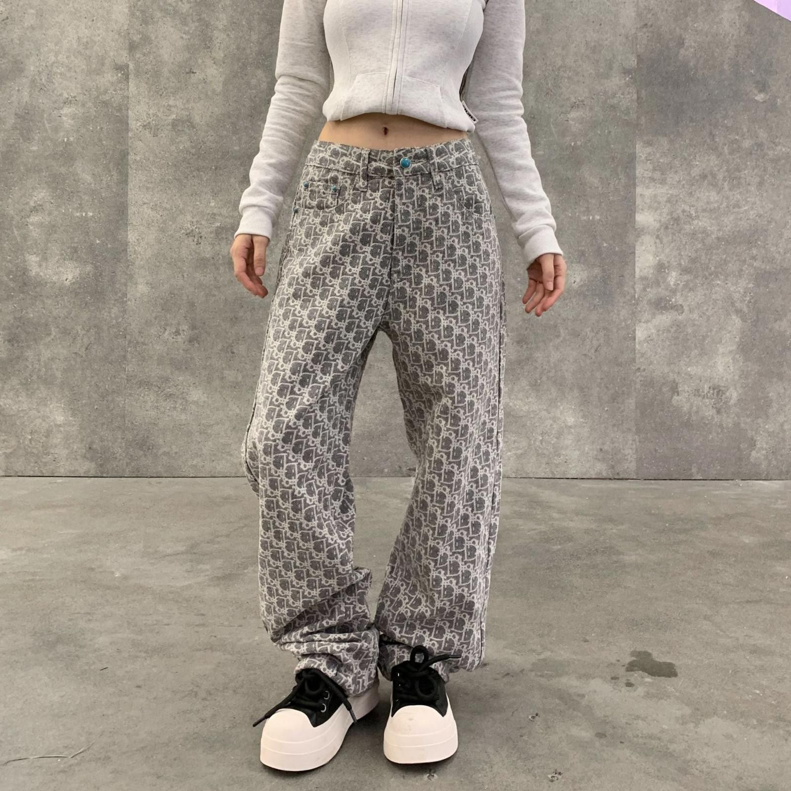 Vintage Gray Patterned Loose Fit Casual Pants, Wide Leg Pants Size 30" / US 8 / IT 44 - 2 Thumbnail