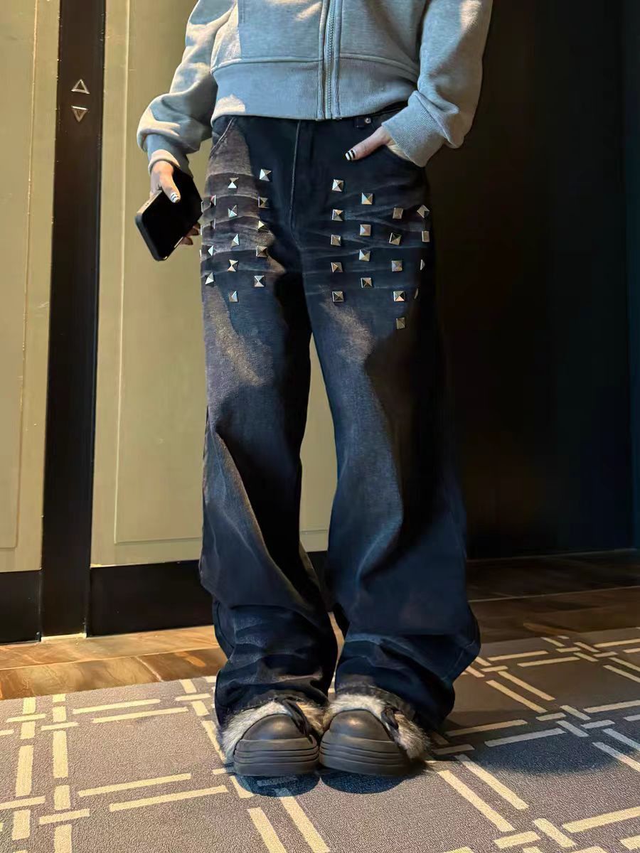 Jean Black Rivet Design Wide-Leg Jeans Size US 34 / EU 50 - 4 Thumbnail