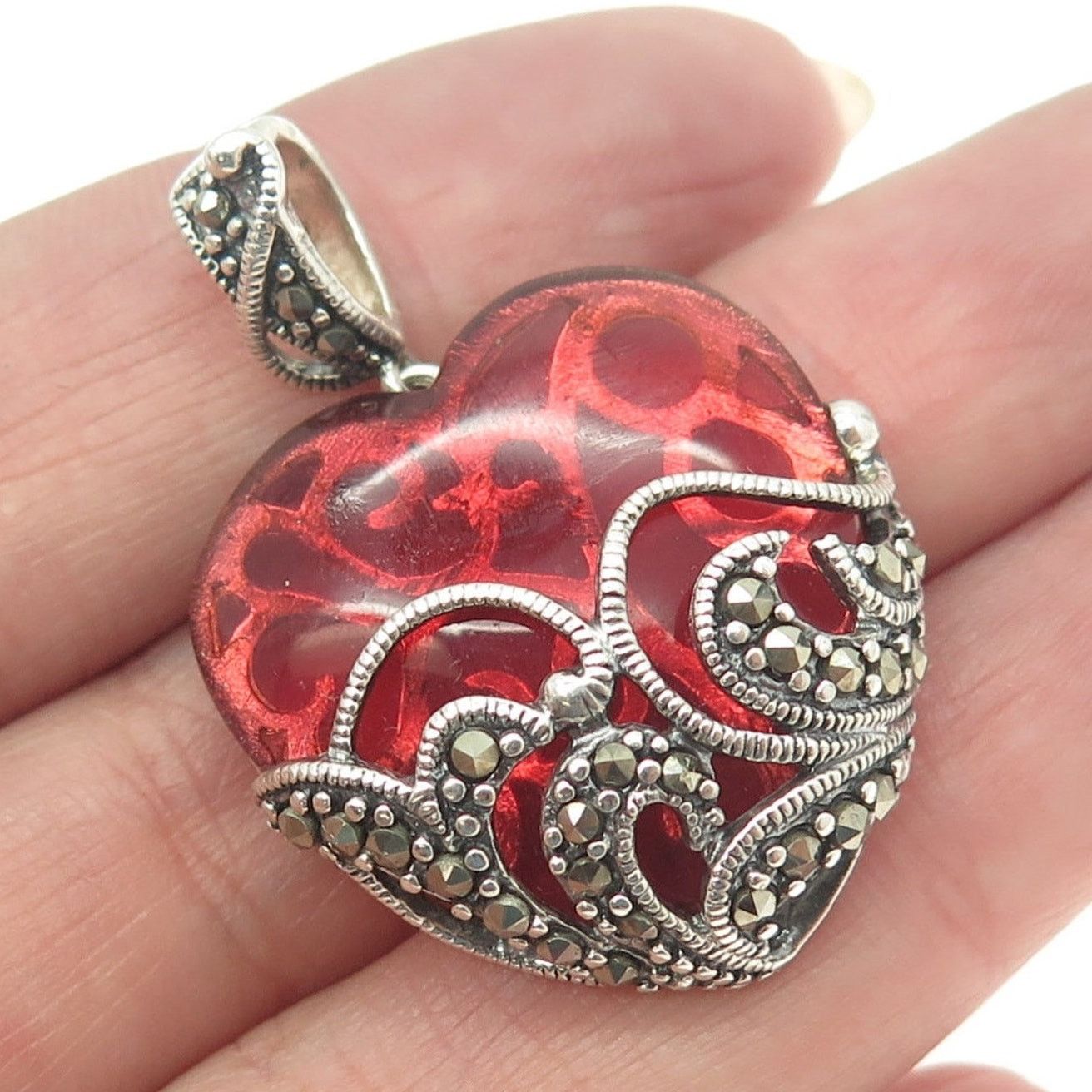 Designer Ross-Simons Sterling Silver Marcasite Glass Heart Pendant Size ONE SIZE - 7 Thumbnail