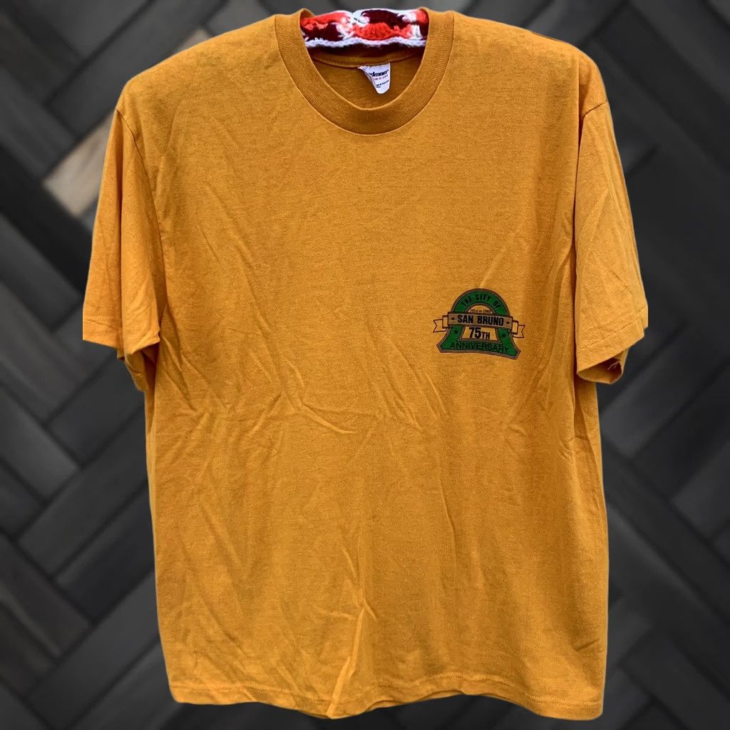 Vintage VINTAGE The City of San Bruno 75th Anniversary 1914 1989 t-shirt XL Yellow Mens Graphic Tee 1980s USA Stedman Size US XL / EU 56 / 4 - 1 Thumbnail
