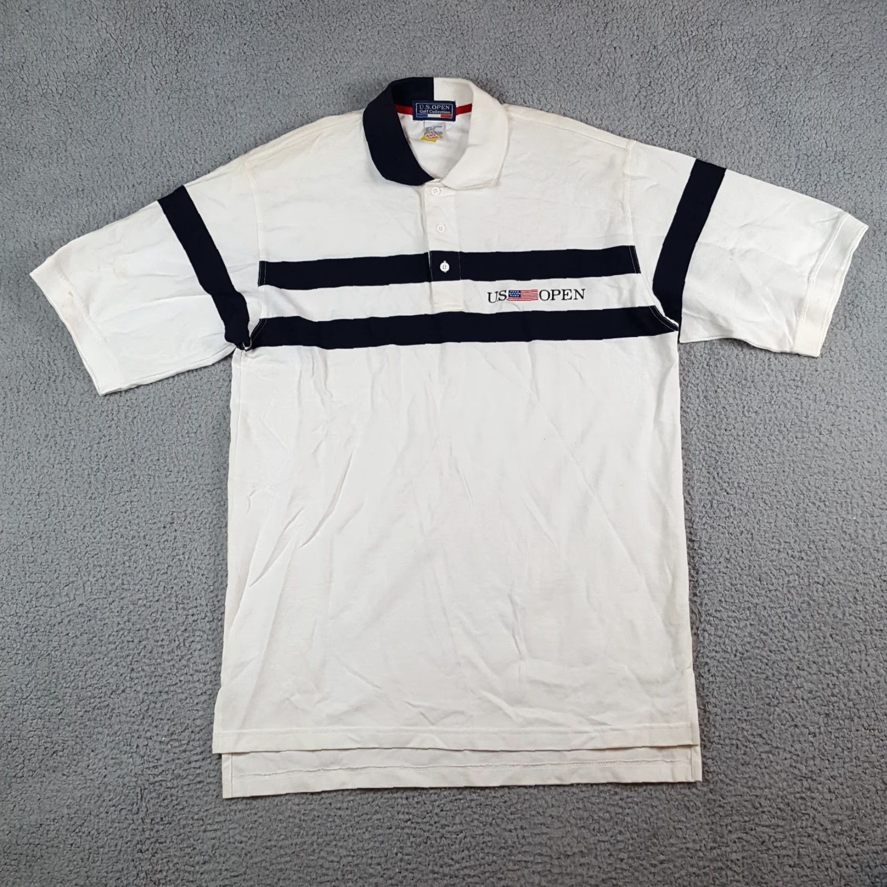 Vintage VINTAGE US Open Polo Shirt Striped Golf Polo Men's L White 100% Cotton Short Sleeve Button Collared Shirt 90s Preppy Vintage Shirt Mens Size US L / EU 52-54 / 3 - 2 Thumbnail