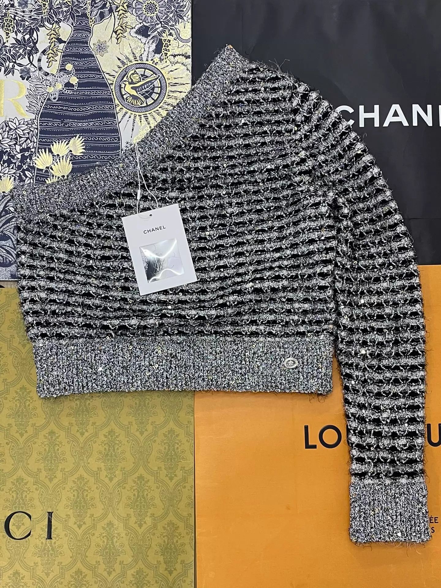 Chanel Chanel Black & Silver Striped Sequin One-Shoulder Top Size S / US 4 / IT 40 - 1 Thumbnail