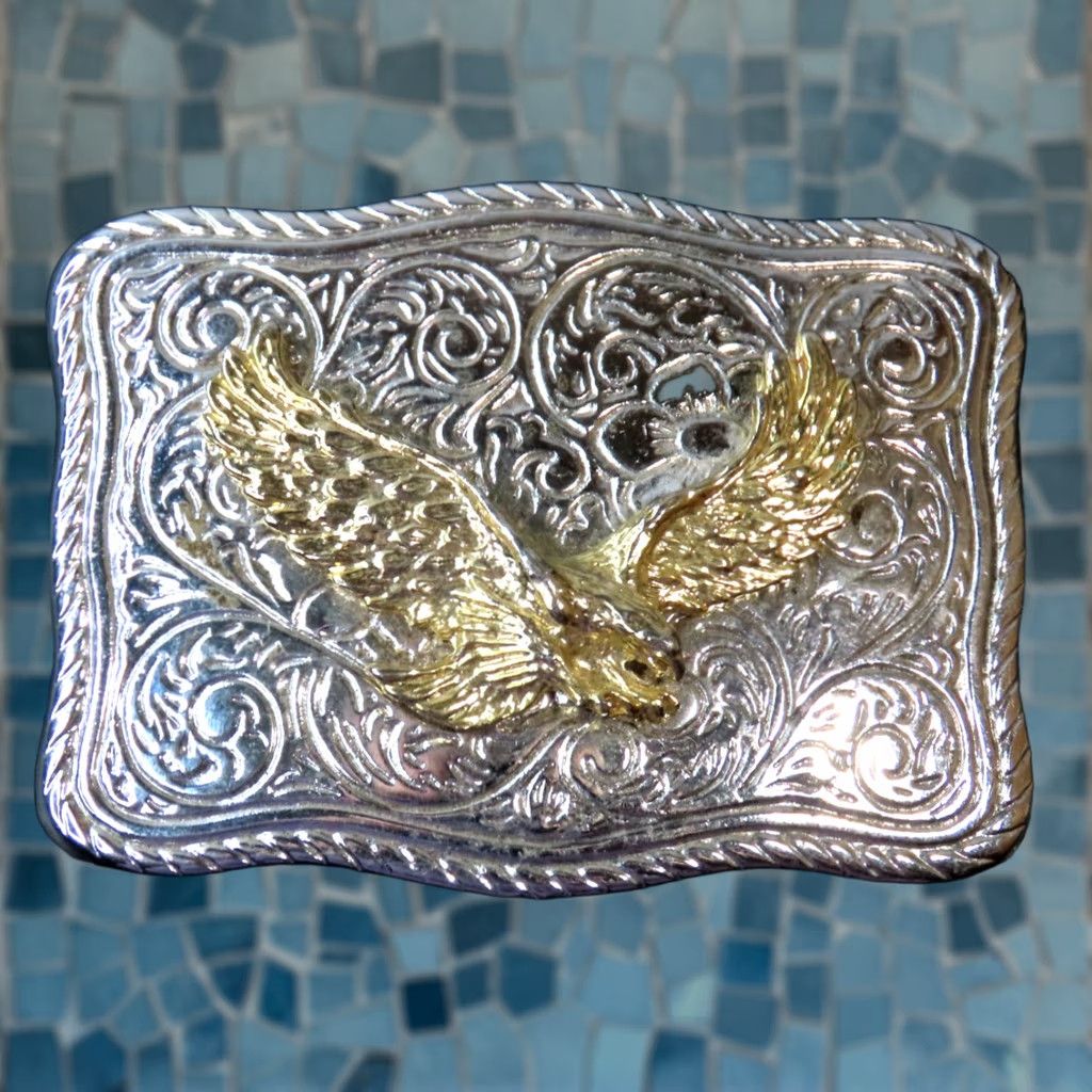 Vintage Gold-toned Bald Eagle On Silver-toned Plate Belt Buckle Made in USA Western Belt Buckle Men 1.5 in Silver Eagle Western Mens Size ONE SIZE - 1 Thumbnail