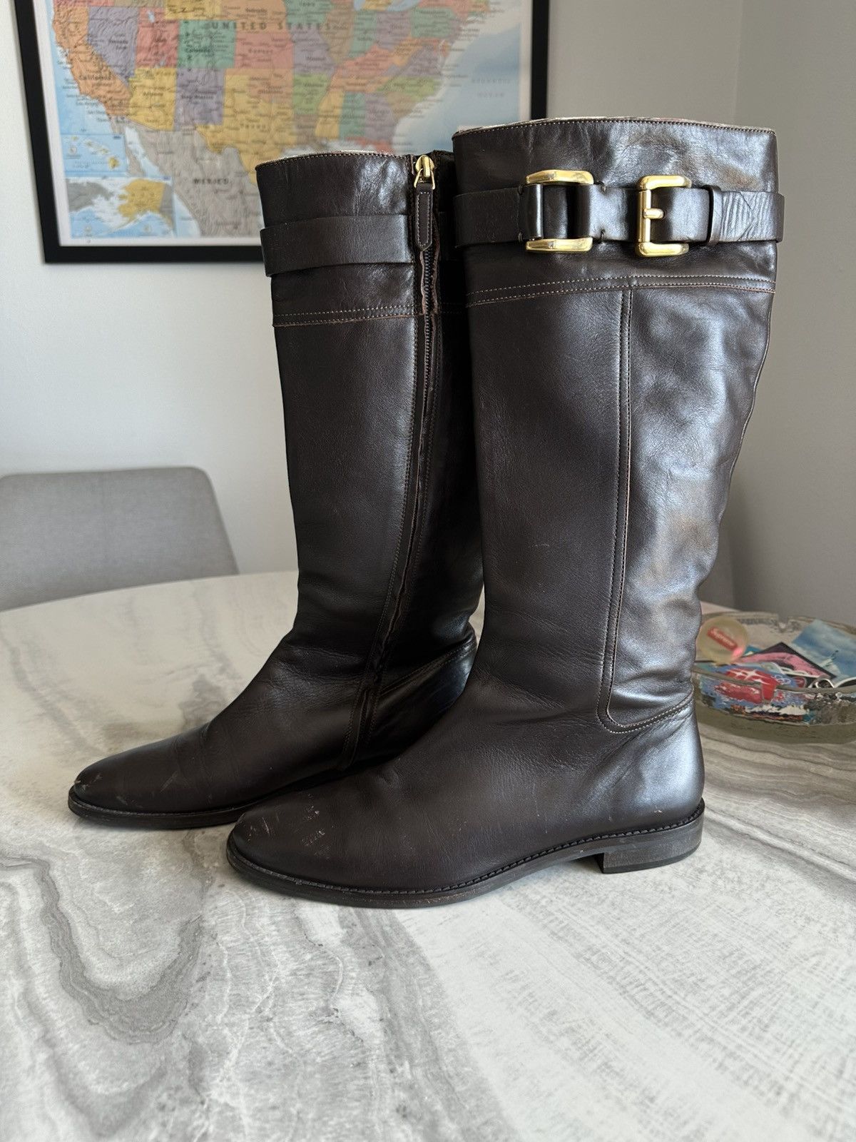 Burberry Burberry High Leather Buckle Riding Boots in Dark Brown Size US 11 / IT 41 - 1 Thumbnail
