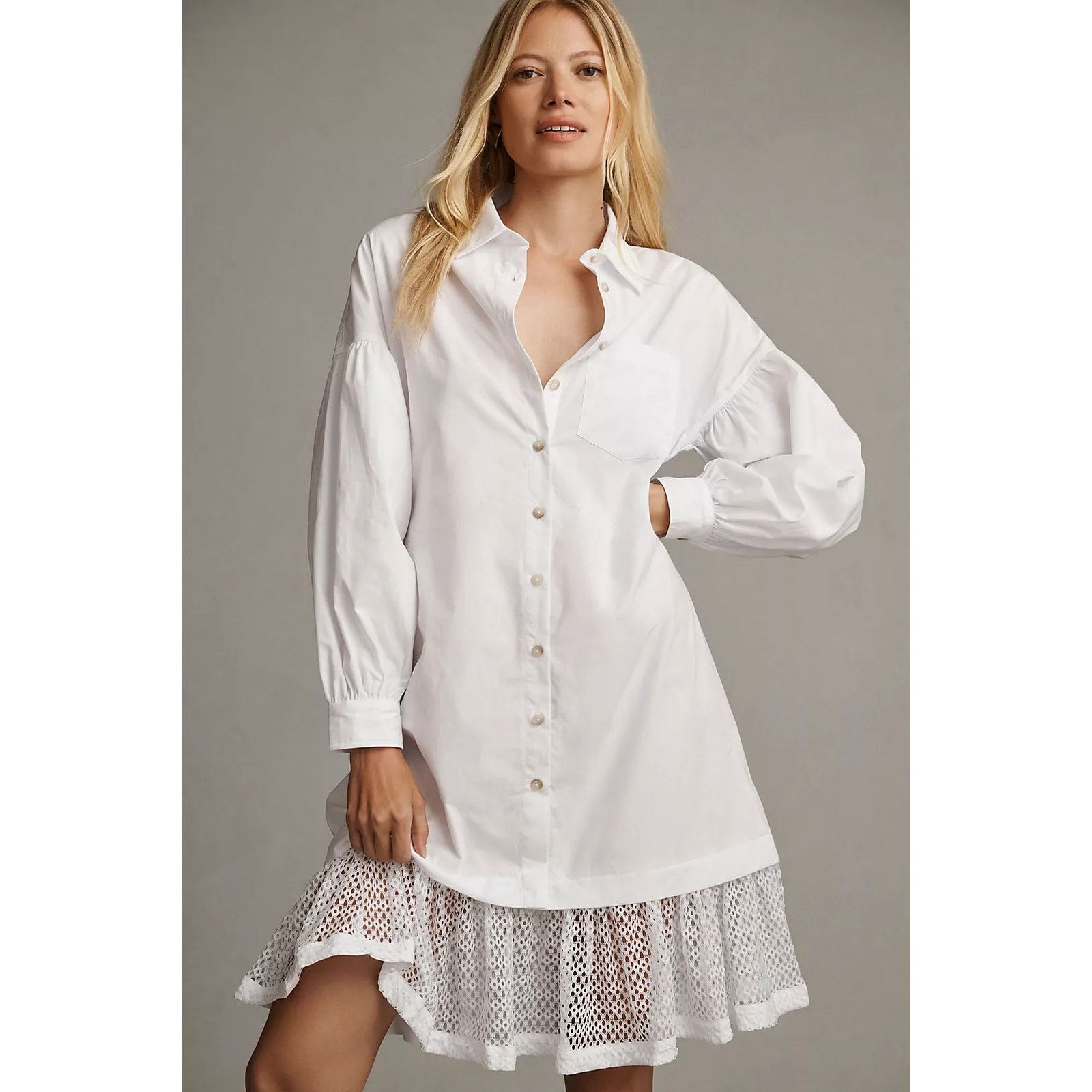 Anthropologie NWT Anthropologie Maeve Lace-Hem Shirt Dress $160 Sz S White Size S / US 4 / IT 40 - 1 Thumbnail