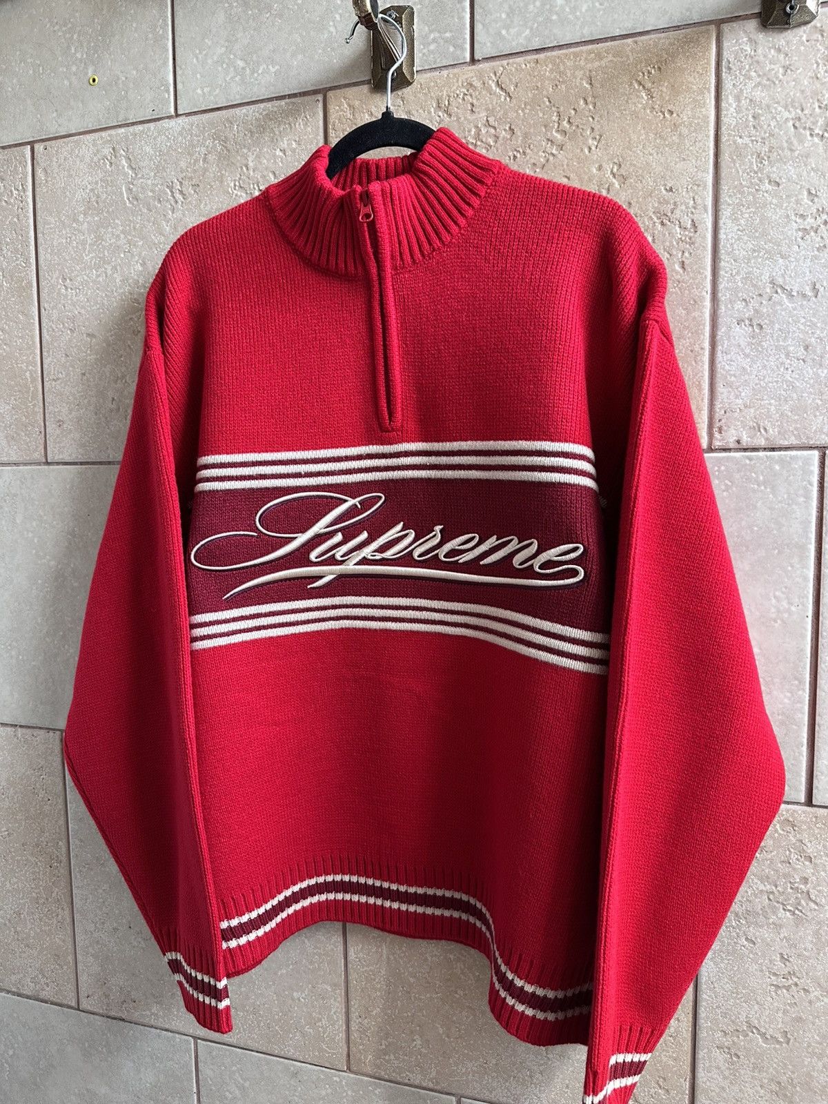 Supreme Supreme Script Stripe Half Zip Sweater - Red | Grailed