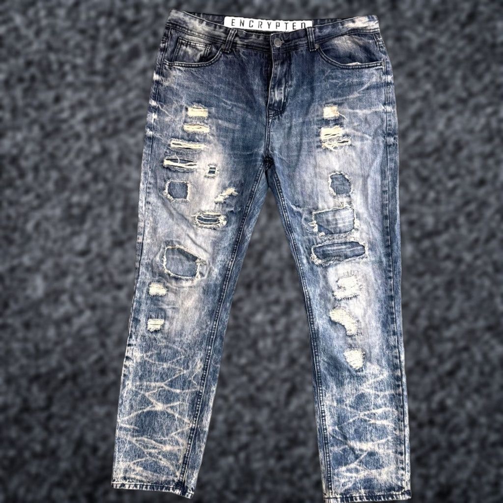 Encrypted Jeans Mens 32x32 Den imi Distressed Straight Hip Hop Denim 100% Cotton Waist 32 Inseam 32 Blue M en