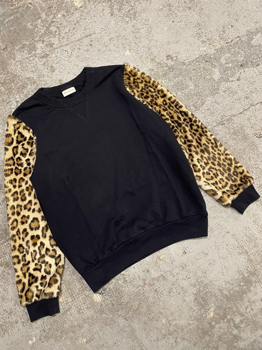 Designer × Dries Van Noten × Vintage Dries Van Noten Black Sweater With Leopard Print Fur Effect Arms Size US XS / EU 42 / 0 - 2 Thumbnail
