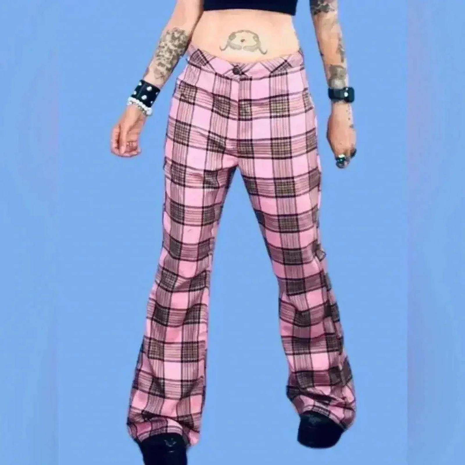 Designer Vintage Pink Plaid Flare Pants - Bohemian Chic Size 25" / US 0 / IT 36 - 4 Thumbnail