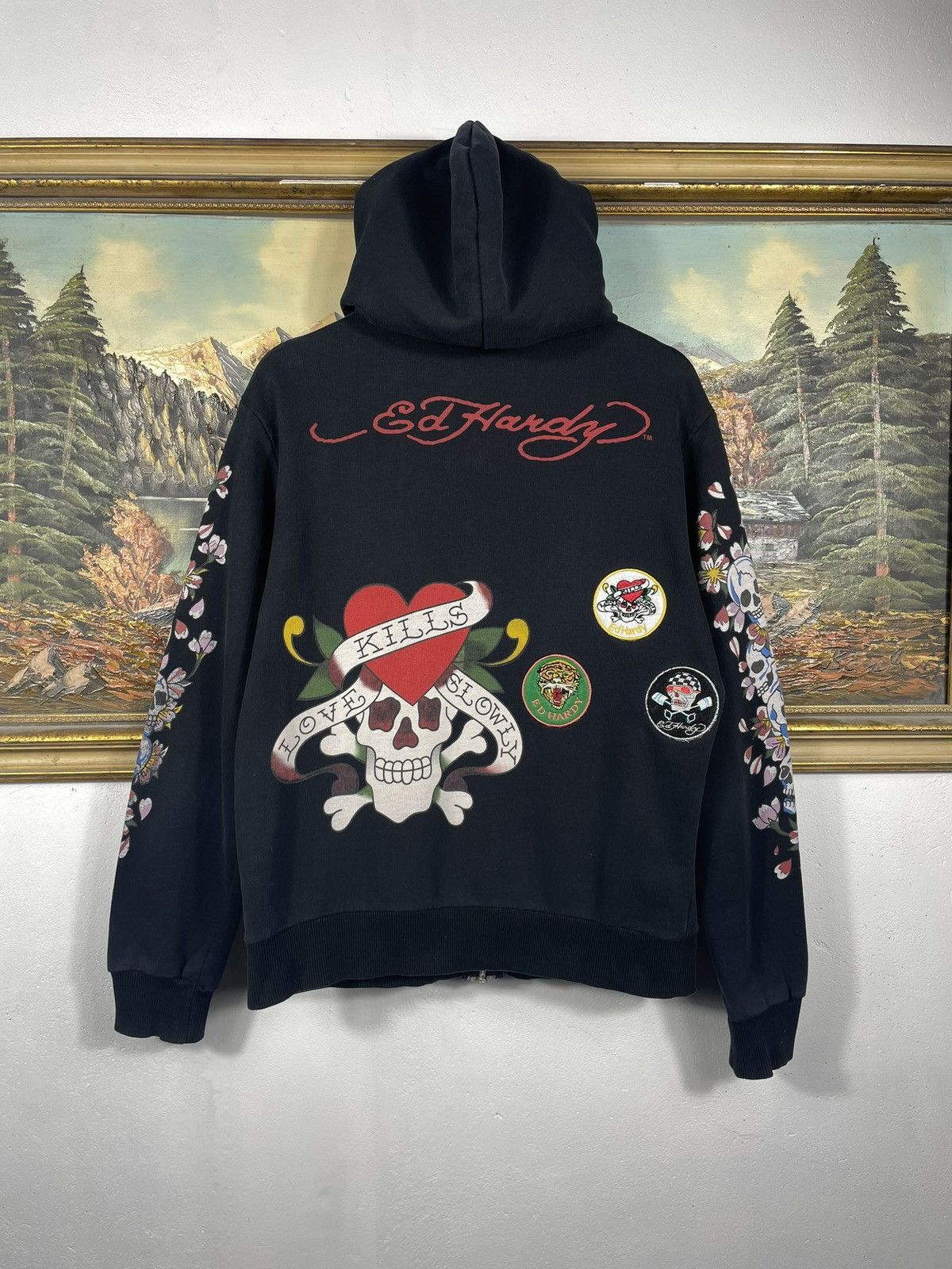 Christian Audigier × Ed Hardy × Vintage Ed Hardy Retro 00s Hoodie With Patches Affliction Grunge Size M / US 6-8 / IT 42-44 - 1 Thumbnail
