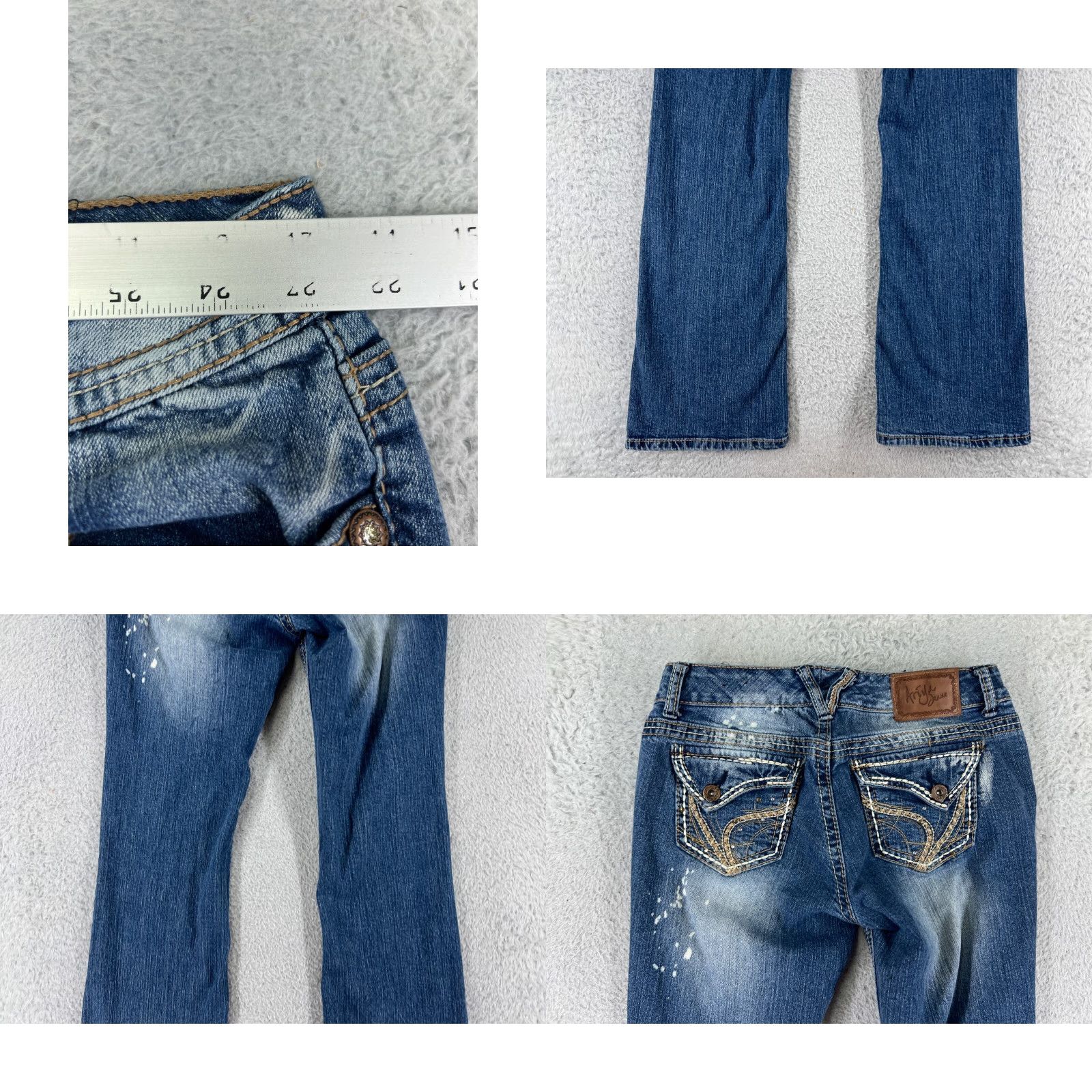 Vintage Ariya Jeans Blue Denim Distressed Flared Embroidered 5 Pocket Cotton Blend Womens Jeans Size 27" / US 4 / IT 40 - 9 Thumbnail