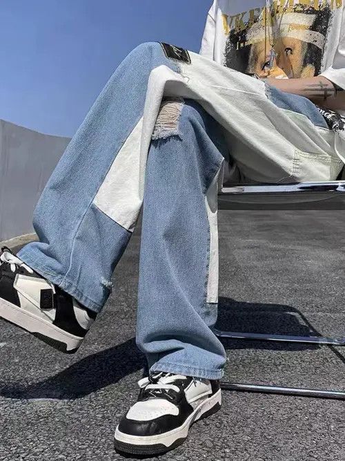 VIBE Street hip-hop blue and white patchwork washed jeans Size US 30 / EU 46 - 5 Thumbnail