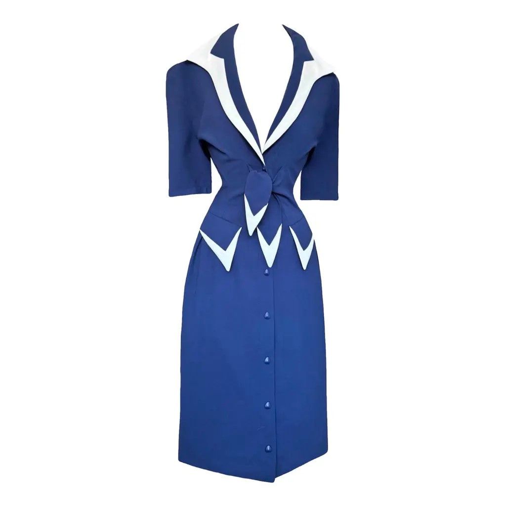 Thierry Mugler Thierry Mugler Navy Blue Crepe Bow Stripe Vintage Dress Size M / US 6-8 / IT 42-44 - 1 Thumbnail