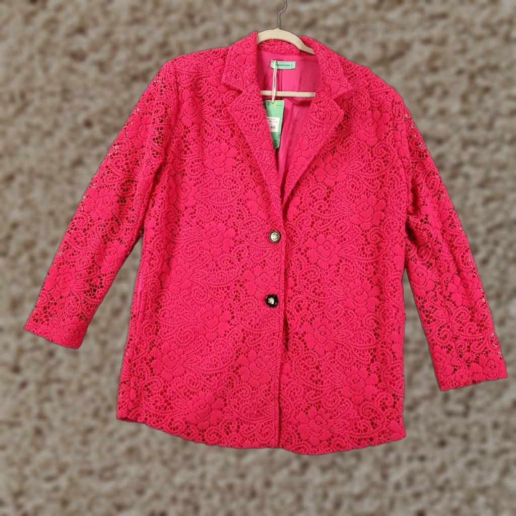 Vintage New Womens Blazer Jacket Large Hot Pink Lace Button Up Lined Single Vent Size L / US 10 / IT 46 - 1 Thumbnail