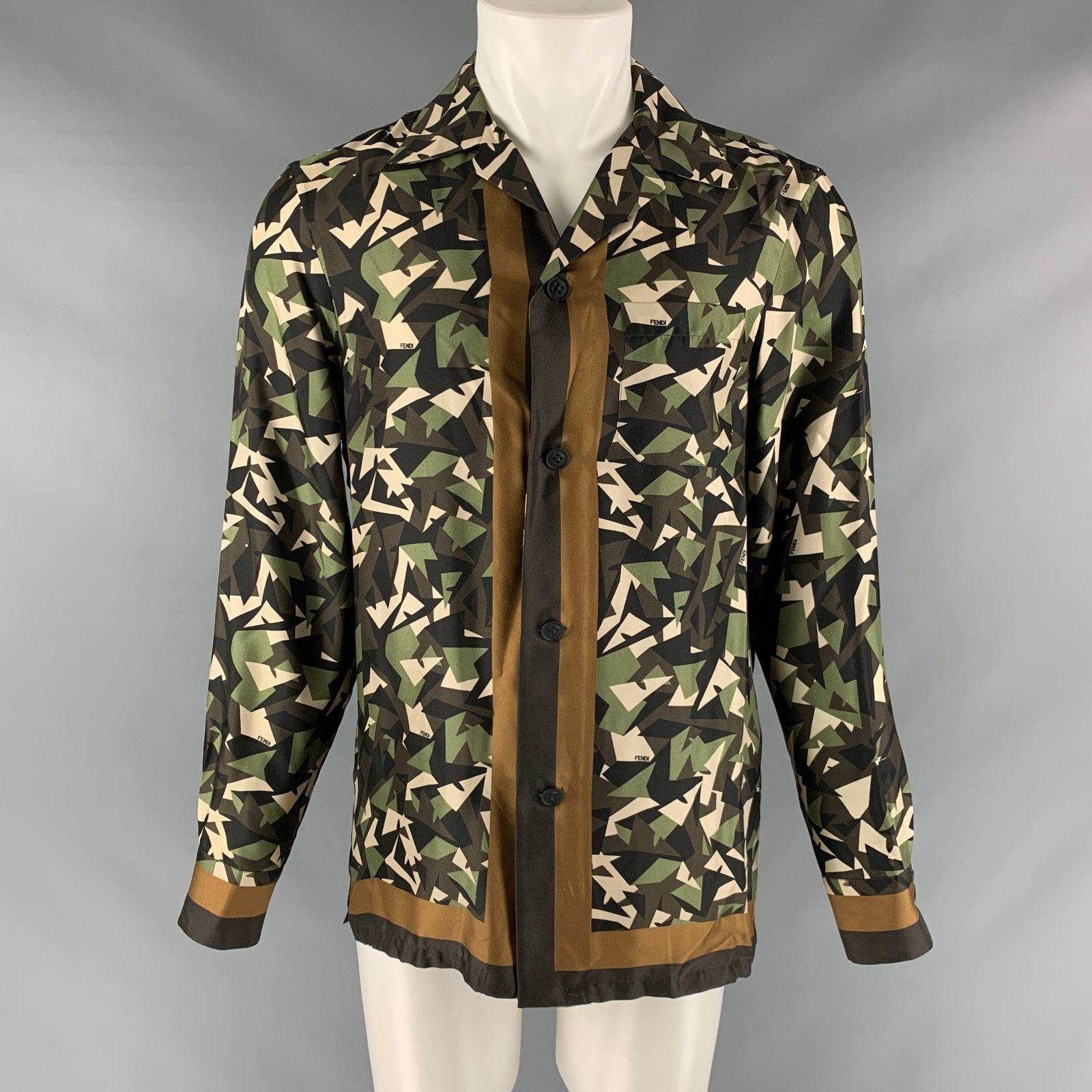 Fendi M Green Brown Abstract Silk Button Up Long Sleeve Shirt Size US M / EU 48-50 / 2 - 1 Thumbnail