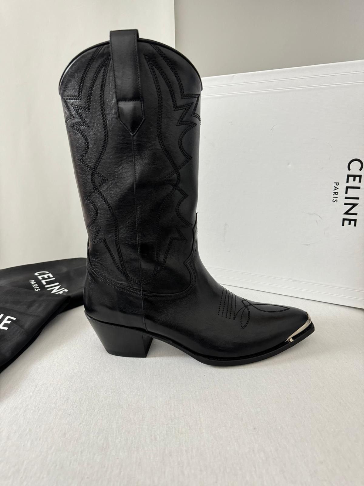 CELINE 25 Mid Calf Cowboy Boots Black Suede 434426