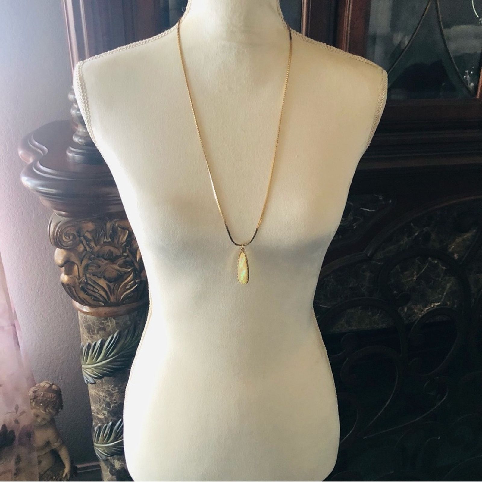 Vintage Faceted long raindrop shape simulated opal pendant necklac Size ONE SIZE - 5 Thumbnail