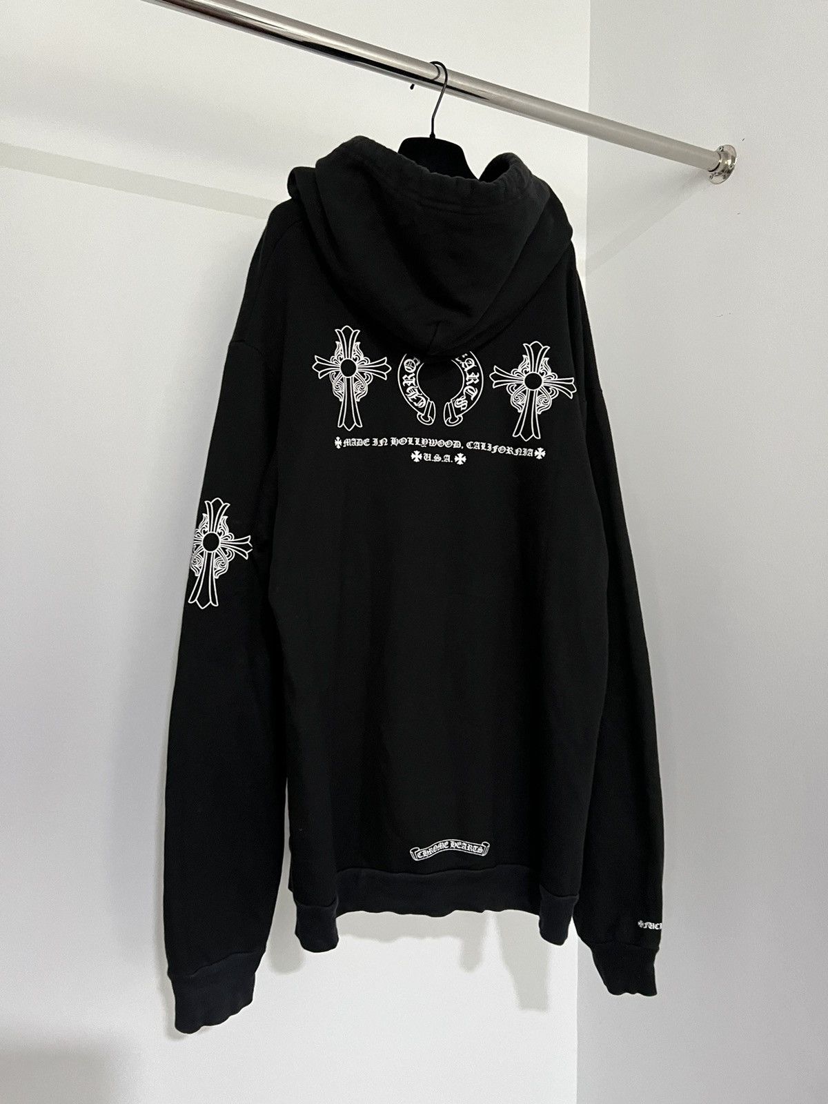 image of Chrome Hearts Cross Fuck You Hollywood Hoodie Horseshoe Logo in Black/White, Men's (Size XL)