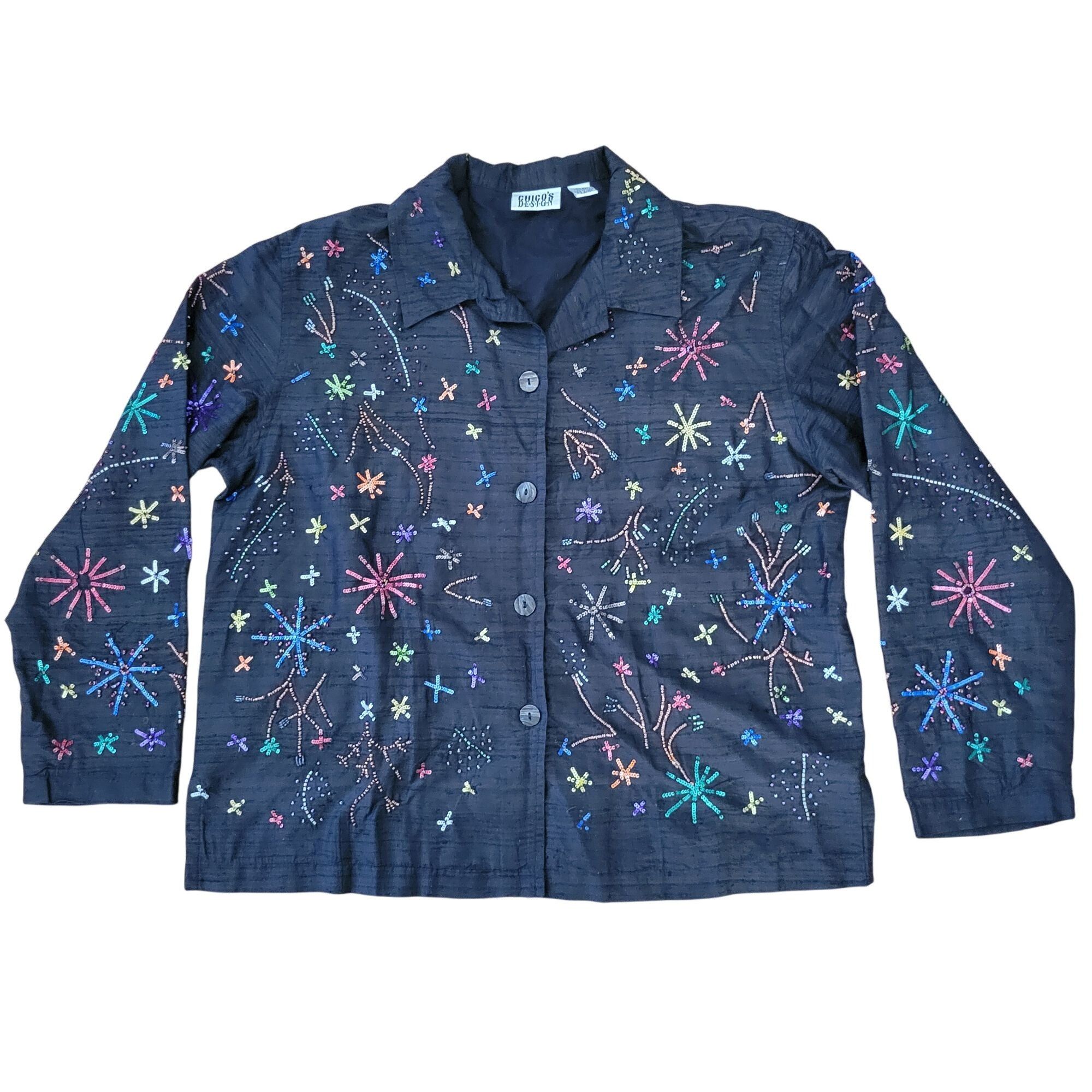 Chicos Chicos 2 Black Silk Jacket Celebrate Fireworks Beads Sequins Size L / US 10 / IT 46 - 1 Thumbnail