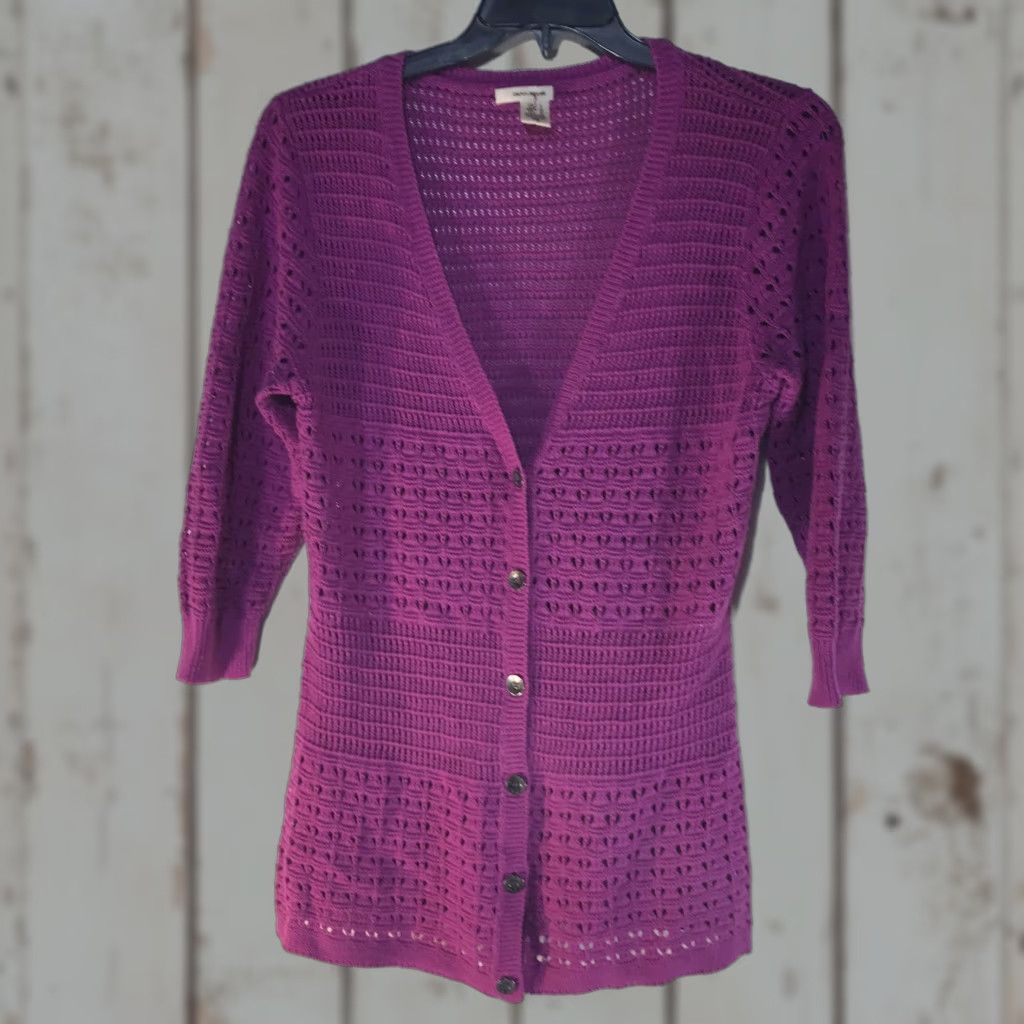 DKNY DKNY Womens Cardigan L Pink Open Knit 3/4 Sleeve V-Neck Button Cotton Fall Winter Size L / US 10 / IT 46 - 1 Thumbnail