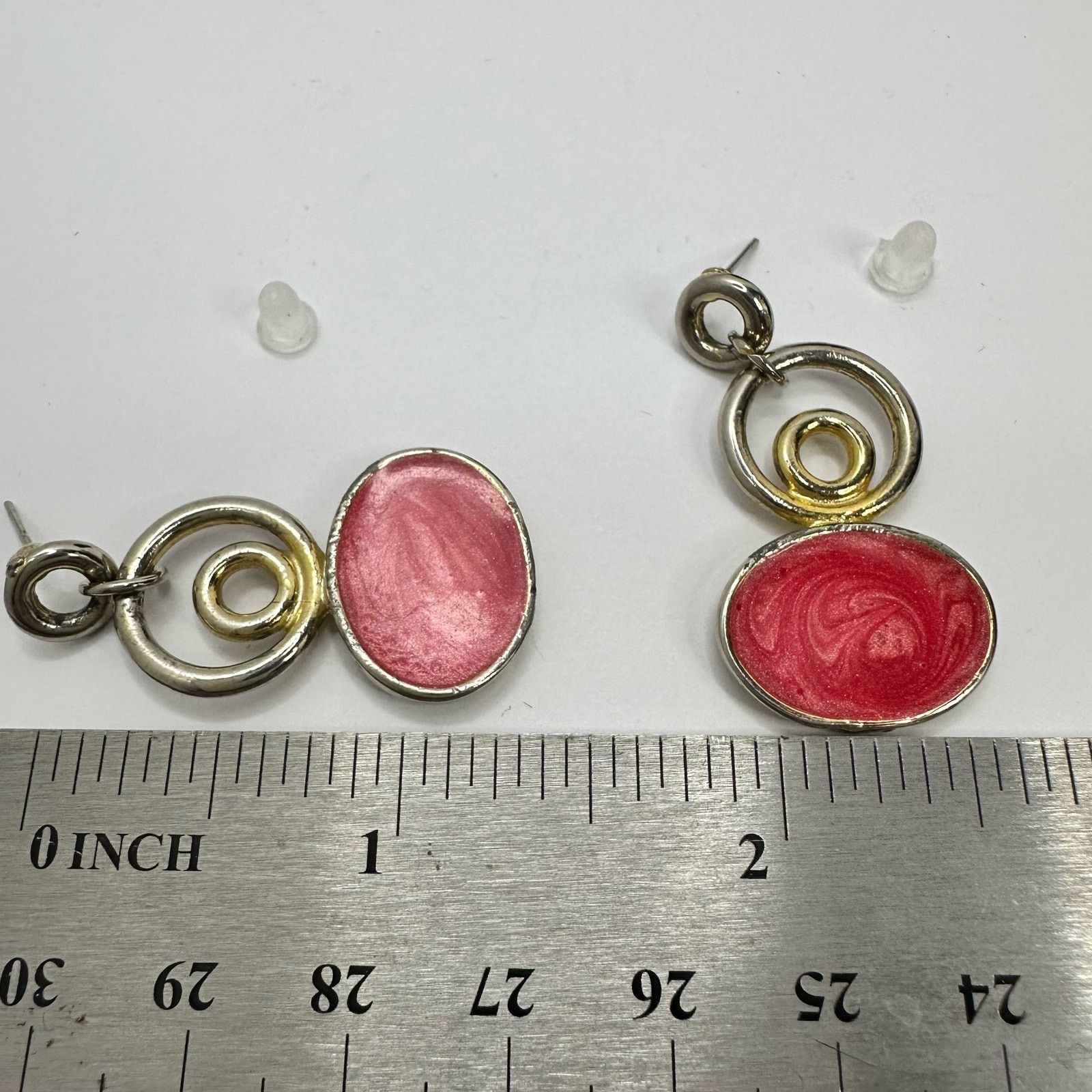 Vintage GoldTone Dangling Earrings Enamel Red Enamel Oval Post Size ONE SIZE - 4 Thumbnail