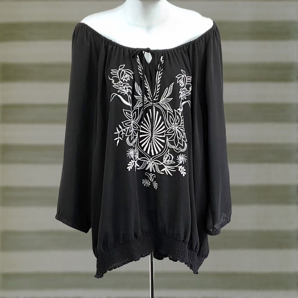 Vintage Lane Bryant Top 22/24 Blk Floral Beaded Embroidery Ruffles Smocked Off Shoulder Size 3XL / US 20-22 - 1 Thumbnail