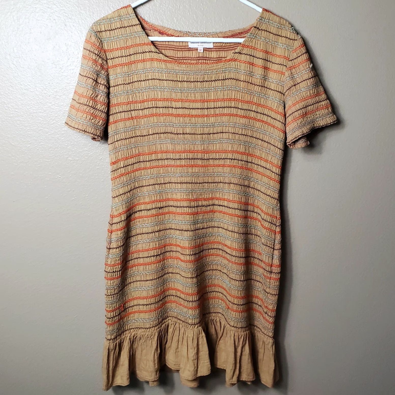 Opening Ceremony Opening Ceremony Dress Short Sleeve Midi Smocked Ruffle - Size M Womens Brown Midi Smocked Ruffle Short Sleeve Dress Size 32" / US 10 / IT 46 - 2 Thumbnail