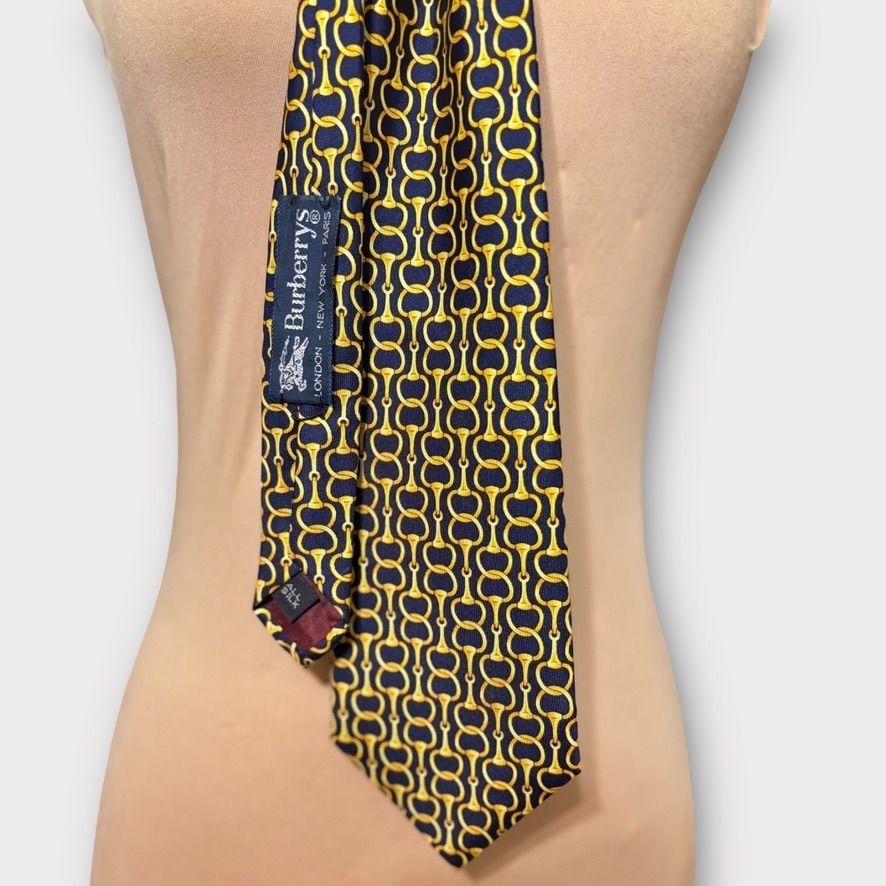 Burberry Burberry Horsebit Tie Navy Blue Yellow Silk Classic Preppy A Size ONE SIZE - 4 Thumbnail