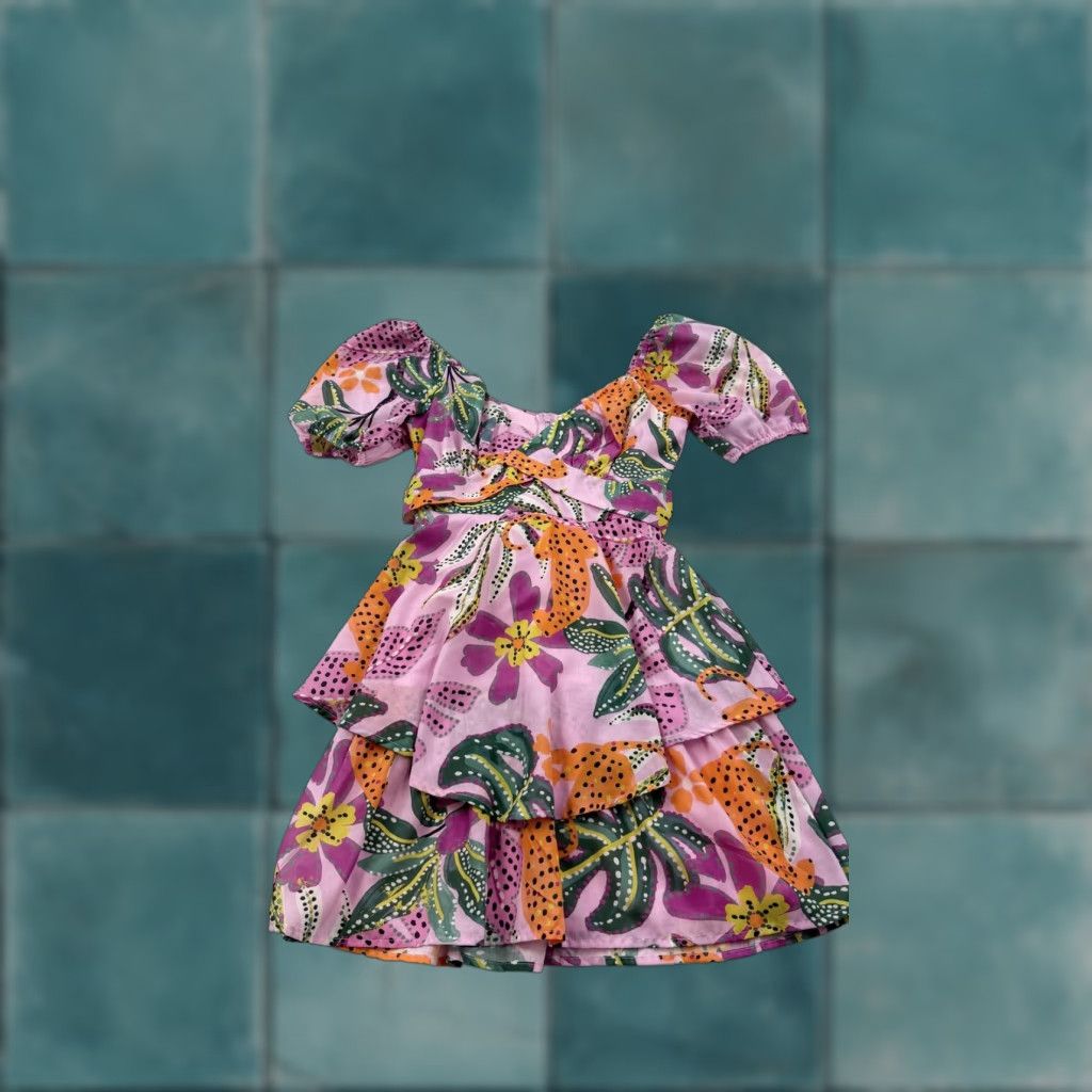 Pinko Crystal Sky Dress Womens XS Pink Floral Ruffle Tiered Puff Sleeve Mini Lined Size XS / US 0-2 / IT 36-38 - 1 Thumbnail