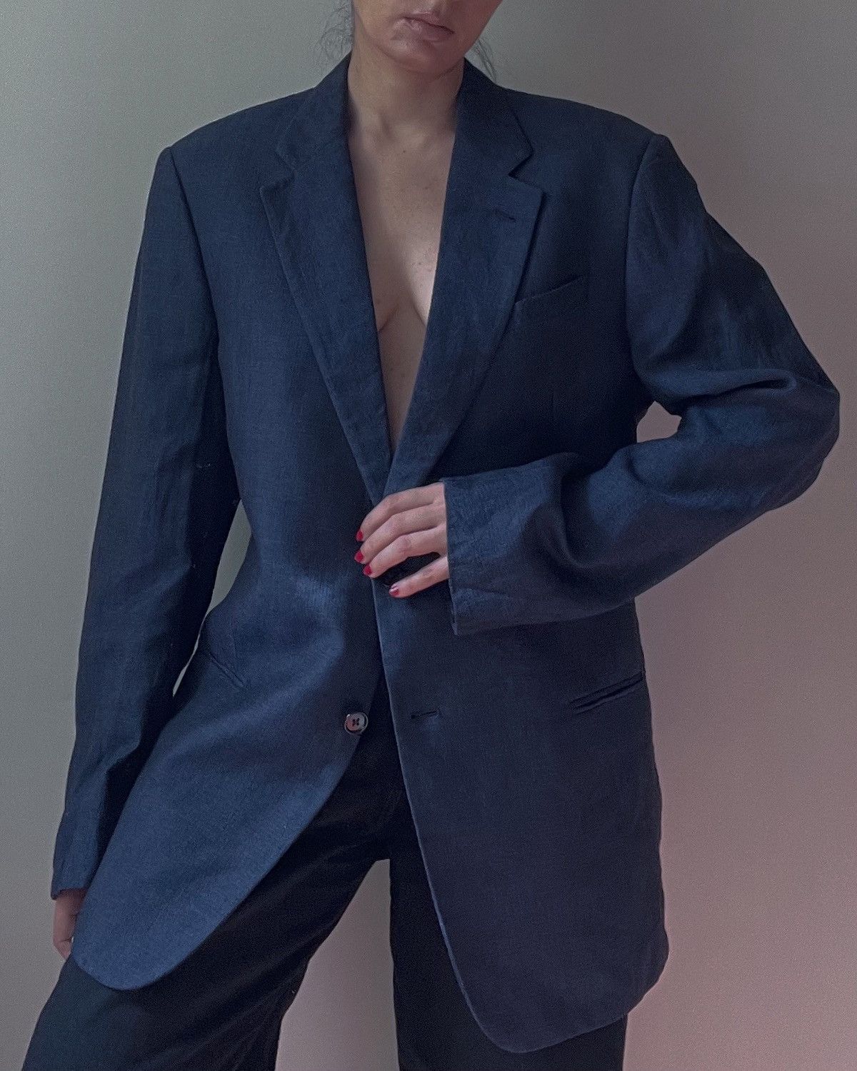 Armani Collezioni Vintage Armani Linen Blue Blazer Size L / US 10 / IT 46 - 6 Thumbnail
