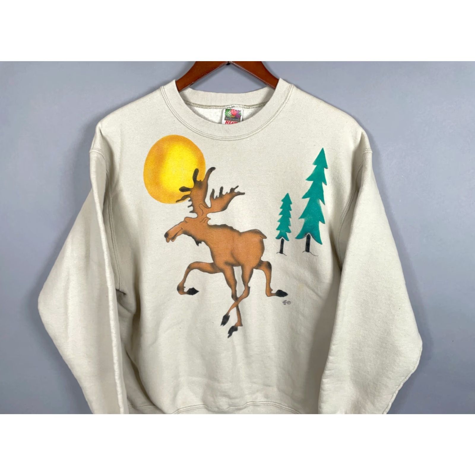 Fruit Of The Loom VINTAGE Fruit of the Loom Sweatshirt Moose Nature Graphic Print Heavyweight Beige Adult Large Mens Size US L / EU 52-54 / 3 - 4 Thumbnail