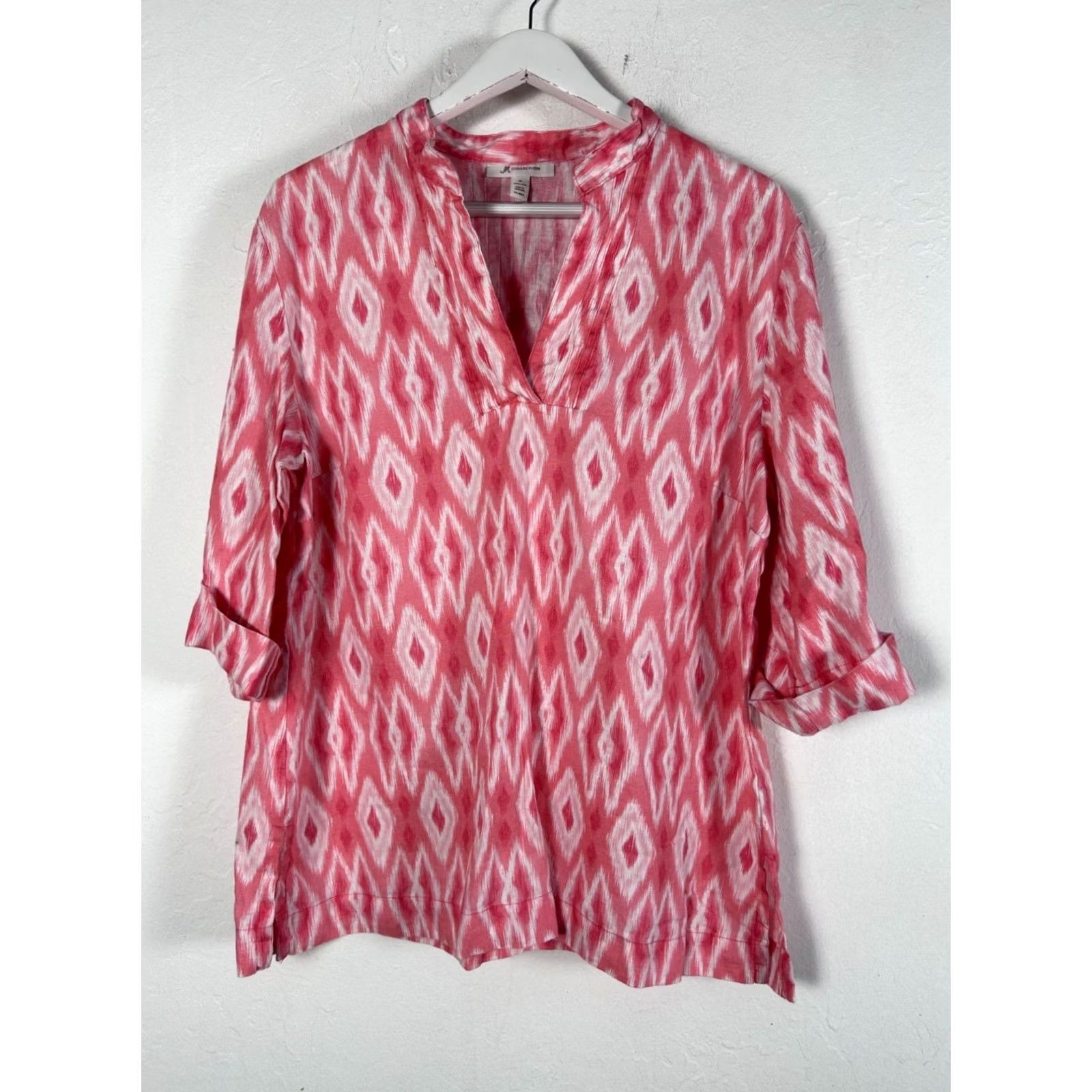 JM Collection JM Collection Womens Pink & White Ikat Linen 3/4 Sleeve Blouse Top Size 16 Size XXL / US 16-18 / IT 52-54 - 2 Thumbnail